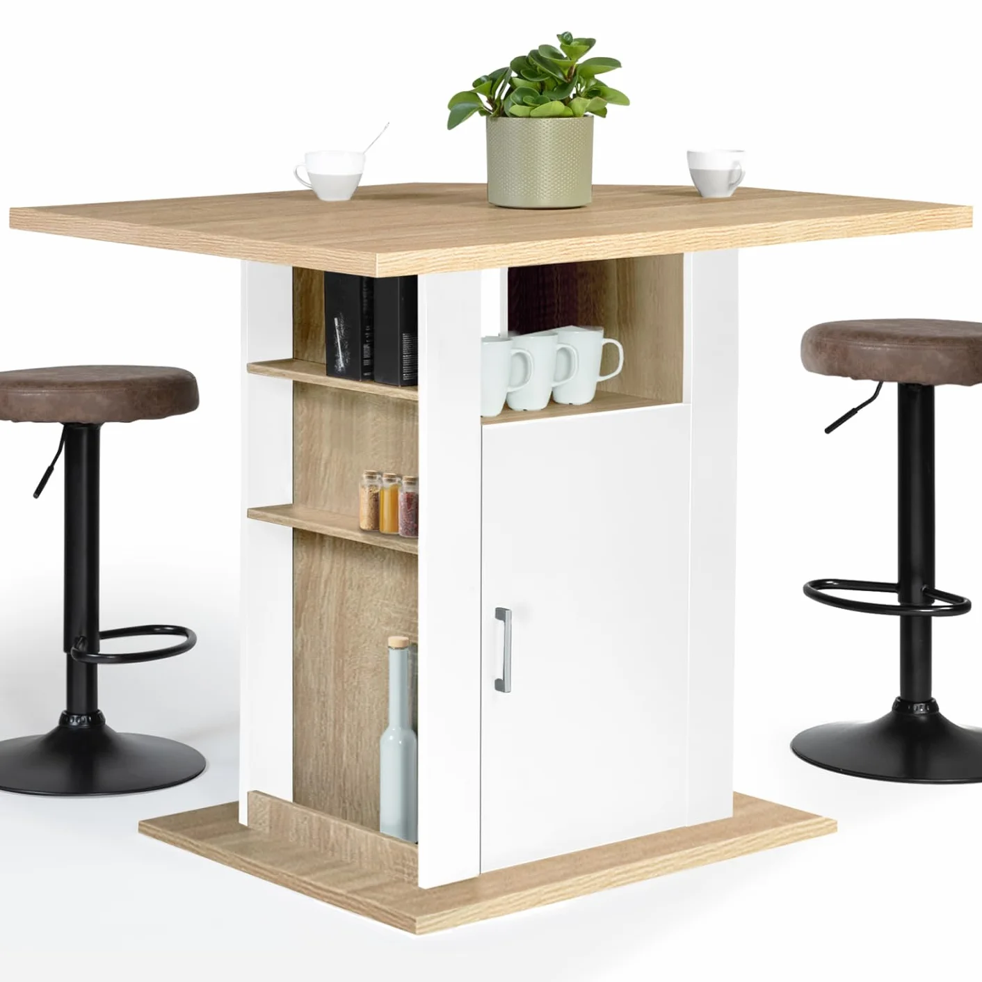 IDMarket – Ilot Central UGO 110 cm, madera blanca e imitación de haya con almacenamiento