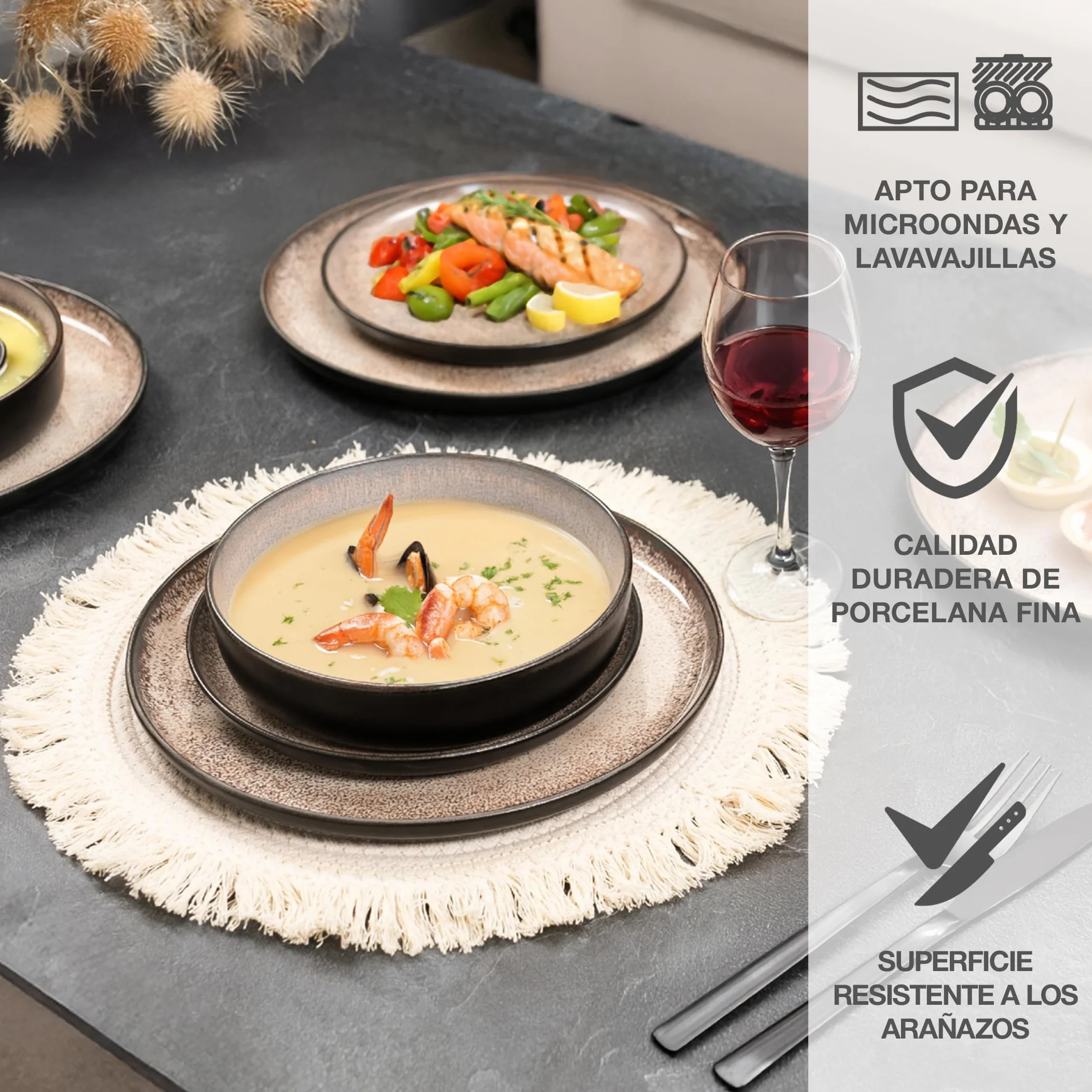 Moritz & Moritz VIDA Juego de 18 piezas de platos de mesa Juego de vajilla combinada en beige para 6 personas - de porcelana apta para el lavavajillas y el microondas