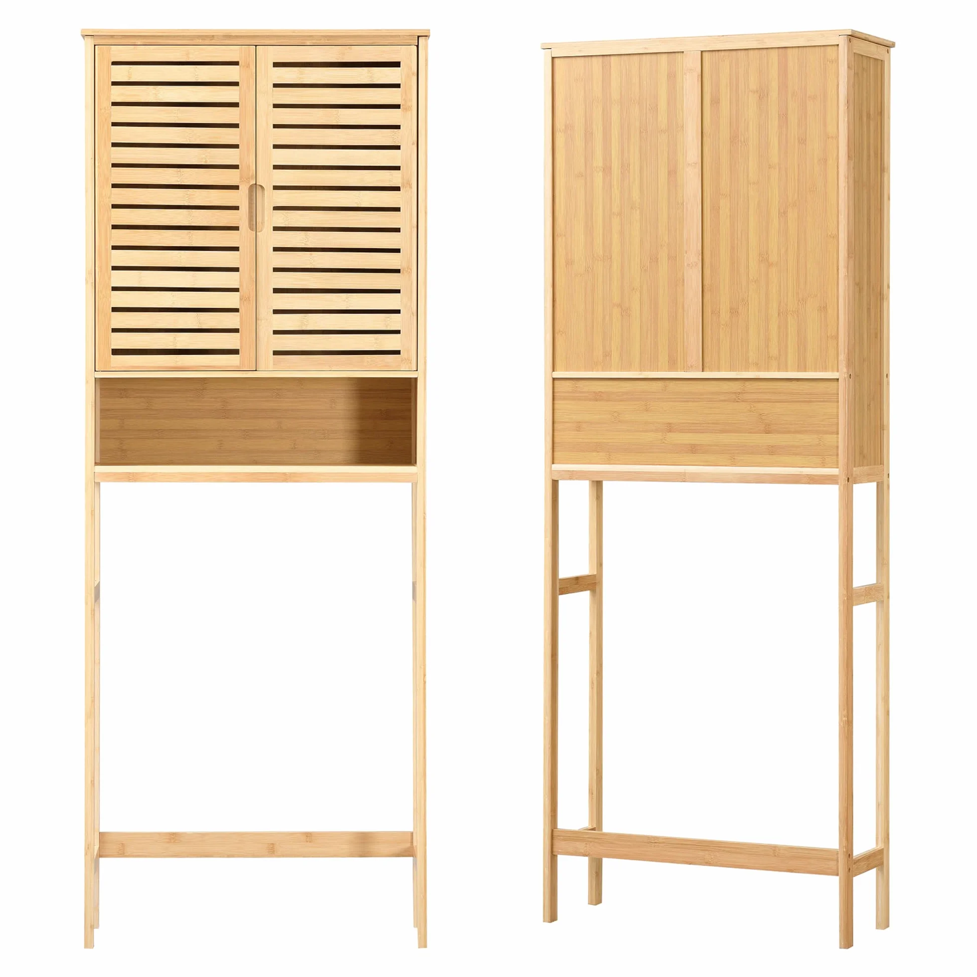 [en.casa] Mueble de Baño sobre el Inodoro con Amplio Espacio de Almacenaje Armario Alto con 2 Puertas y Compartimiento Abierto Bambú 170 x 66 x 23 cm Natural