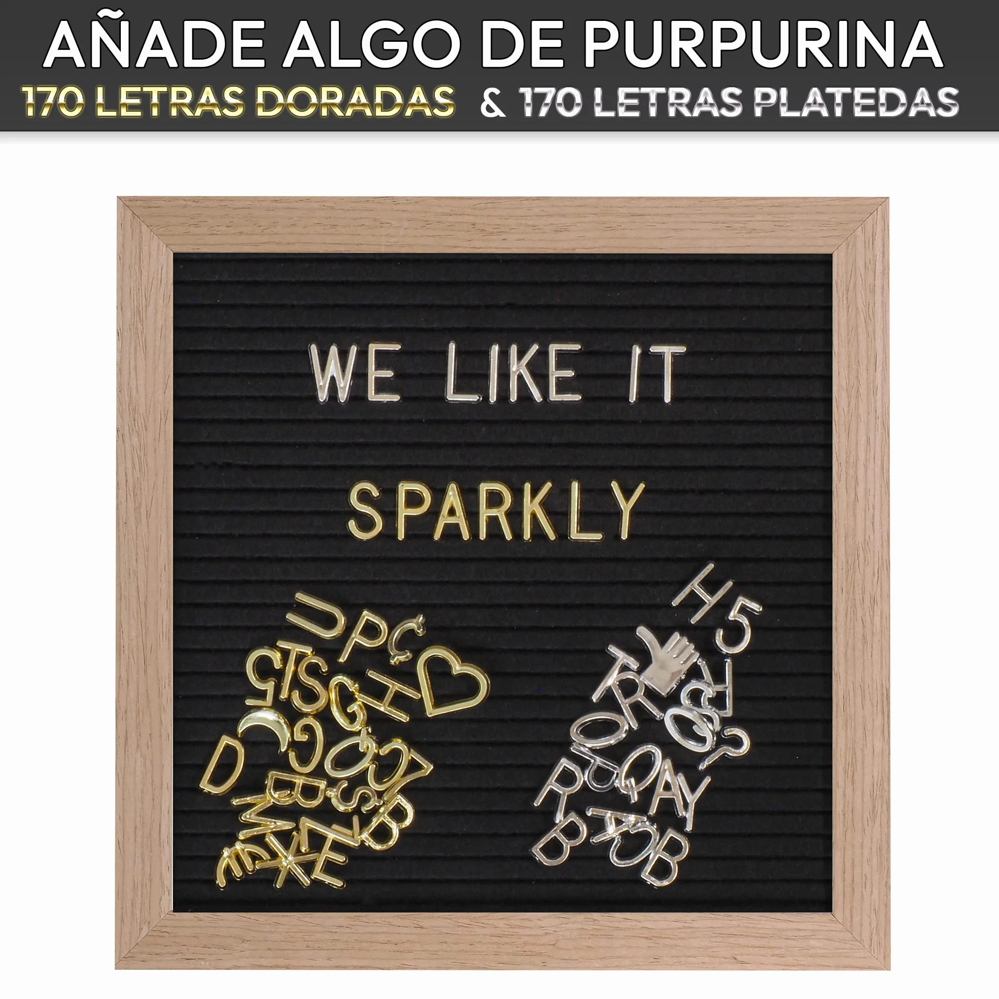 Gadgy ® Retro Fieltro Letter Board | con 340 Brillantes Letras de Oro y Plata | 170 Letras Blancas, 100 Iconos | Soporte y Bolso | 25x25 cm