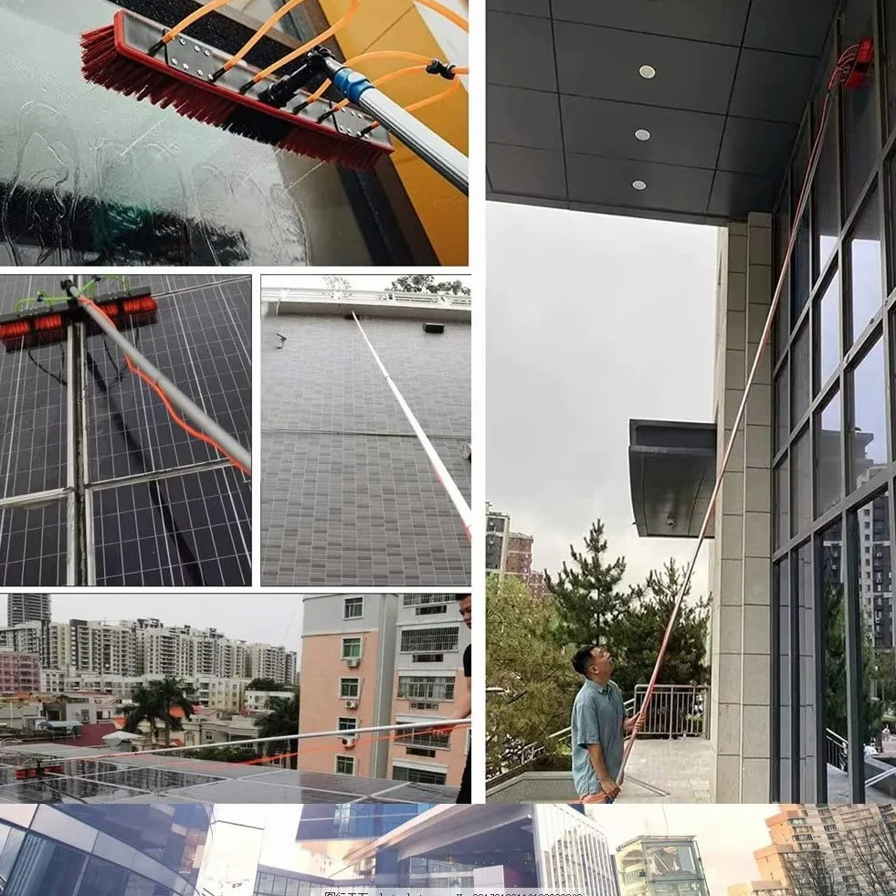 Barra telescópica de limpieza de ventanas de 7 m, limpiador de techo de panel solar, kit de cepillo extensible para invernaderos, alcance sin esfuerzo y brillo sin manchas