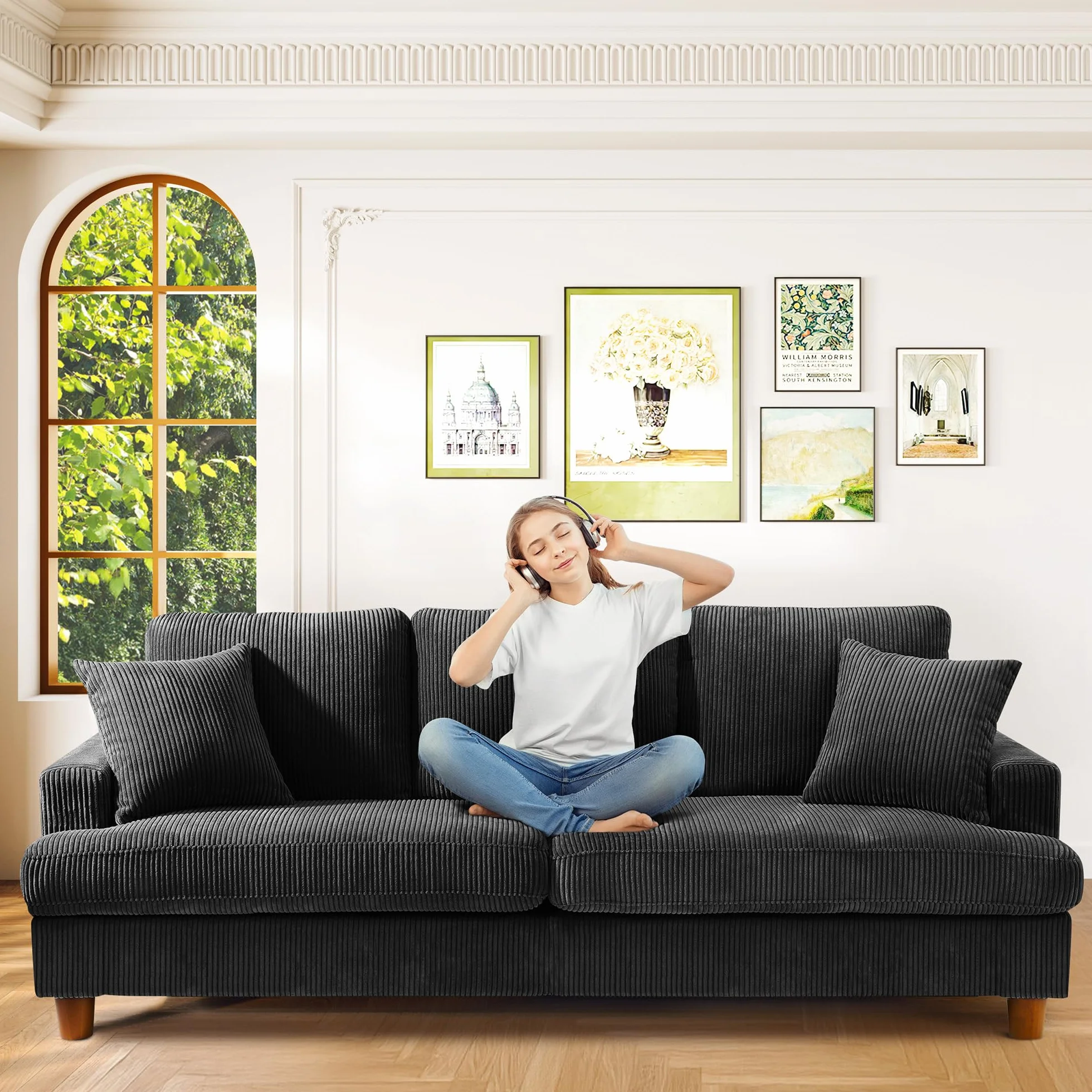 Kidirect Sofá de Pana de 3 plazas, 221 cm cómodo sofá de 53 cm Asientos Extra Profundos, sofá de salón Montaje sin Herramientas sofá Grande con 2 Cojines, sofá Moderno para Oficina, Negro