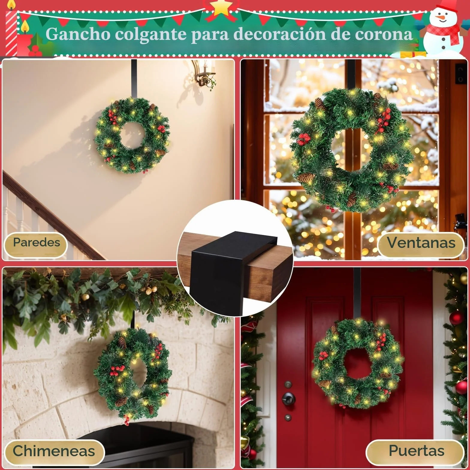 16in Corona Navidad Puerta Grande con 40LED Luces, Guirnalda Navidad Verde con piñas y Frutos Rojos, Artificial Corona Navideña Decoración Navidad para Puerta, Chimenea, Pared, Ventana
