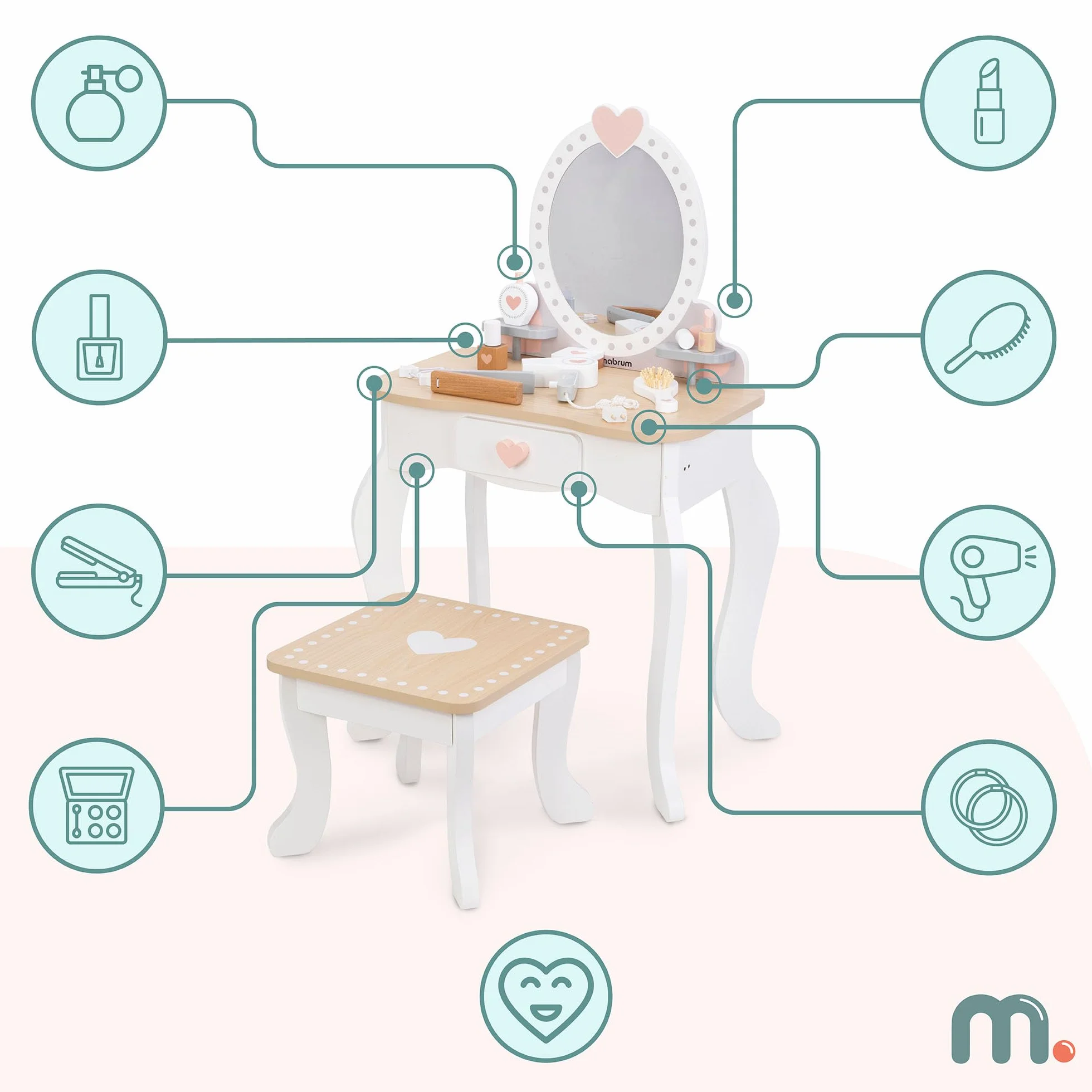 Mamabrum Maquillaje de Madera Dresser para Niñas - Vanidad con Perfume, Esmalte de Uñas, Cepillo y Lazos