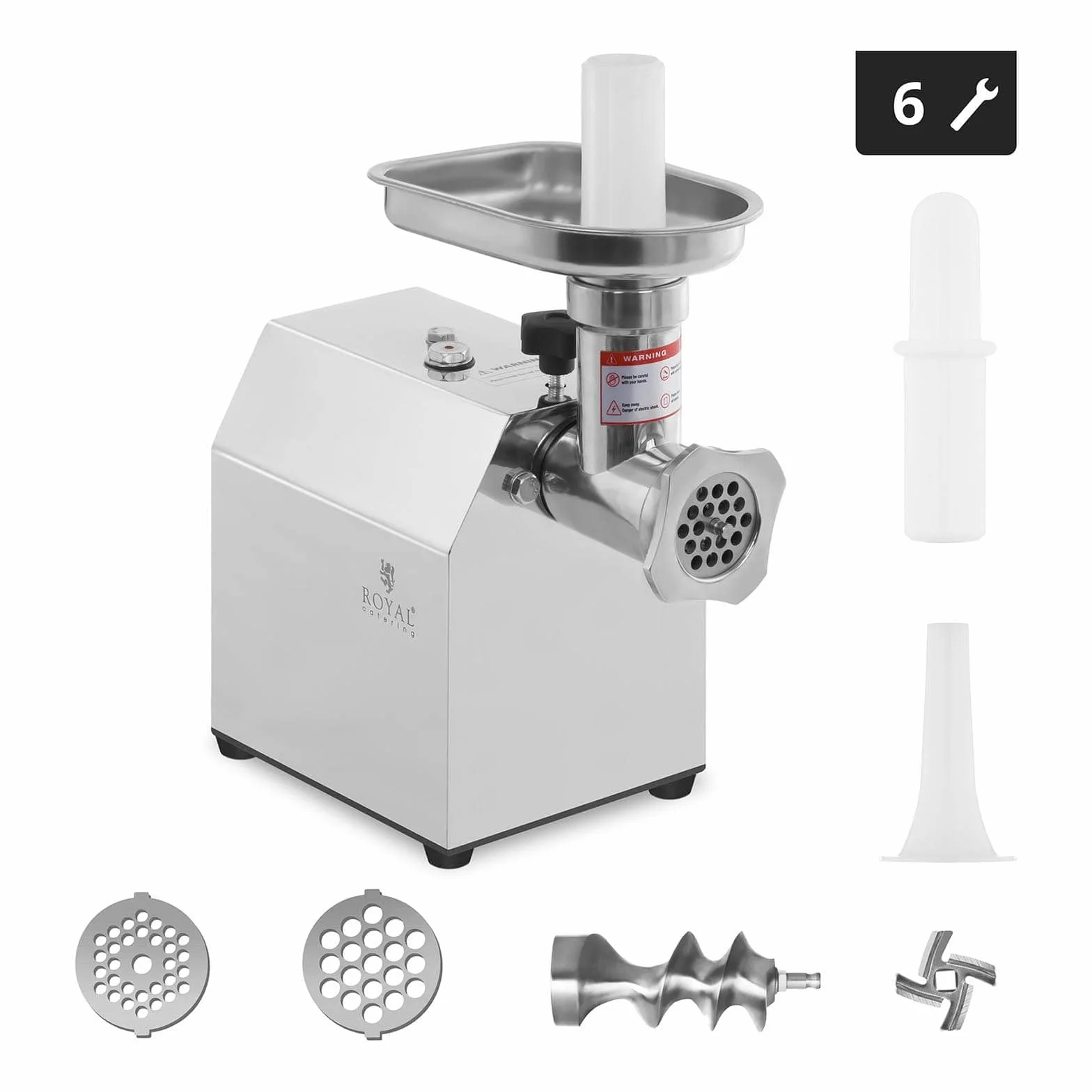 Royal Catering RCFW 70-600ECO Picadora de Carne Eléctrica Profesional (70 kg/h, 600 W, Marcha Retrógrada, Orificios de 5/7 mm, Acero Inoxidable) ECO