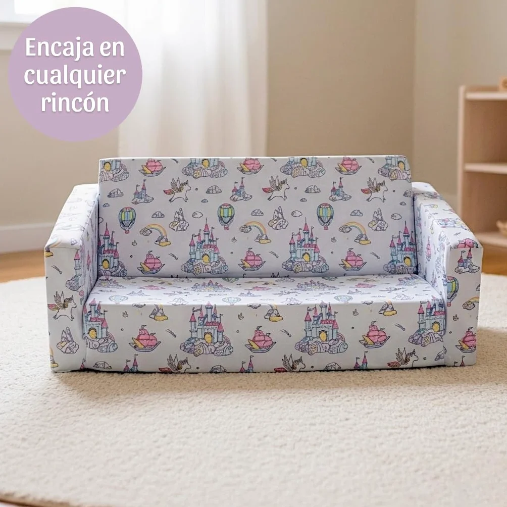 Sofá infantil plegable 2 en 1 de espuma alta densidad (25 kg/m³) - Sillón infantil ligero 2 kg, desenfundable, seguro, OEKO-TEX, Montessori desde 9 meses, no comprimido al vacío. (UNICORNIOS)