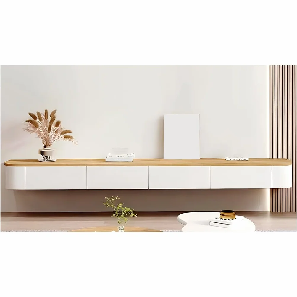 Mueble De TV De Pared Blanco, Mueble De TV Flotante Con Almacenamiento, Banco De TV De Madera Con Cajón, Orificio Para Gestión De Cables, Parte Trasera Hueca, Consola Multimedia(Natural,240x24x20cm)
