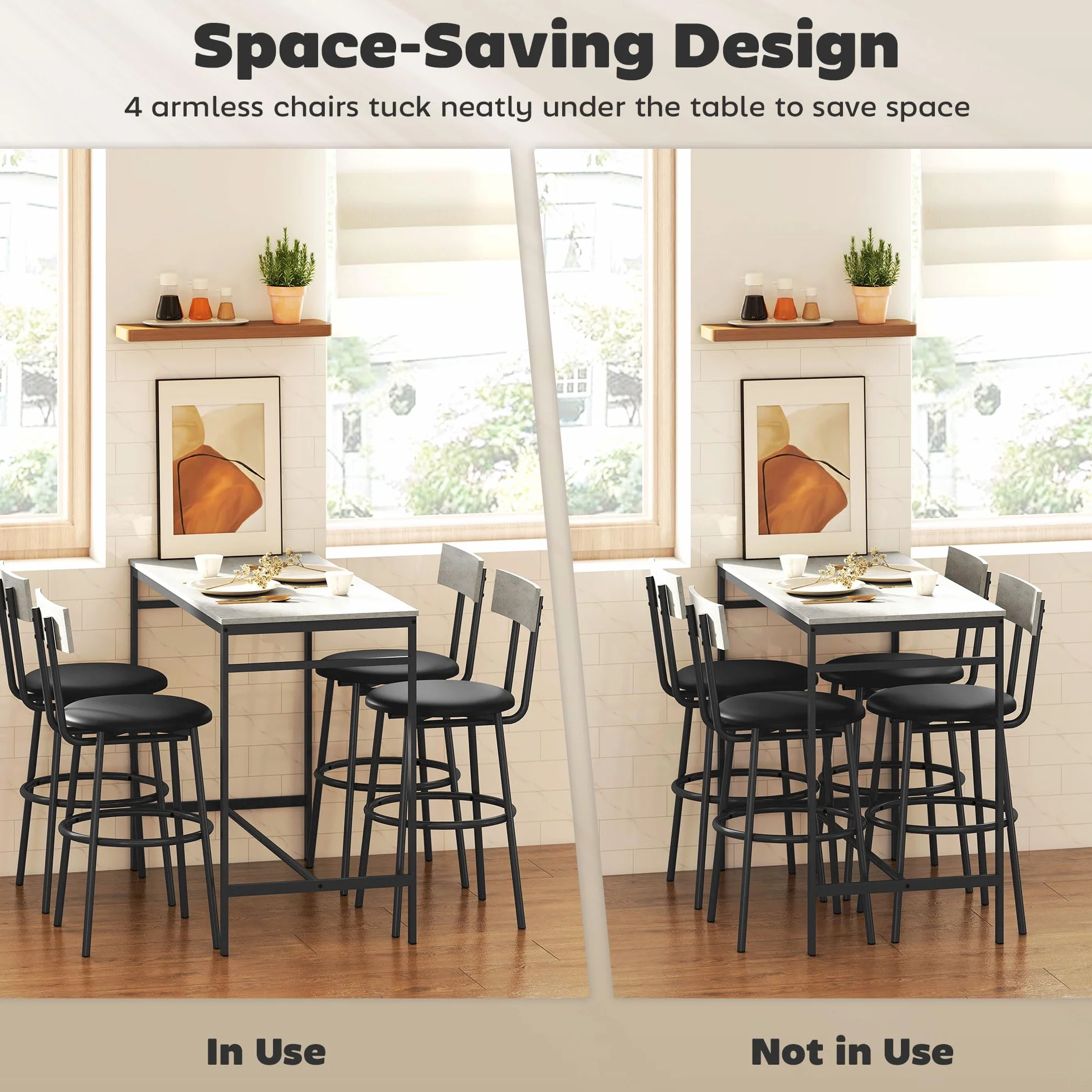HOMCOM Juego de Mesa de Bar con 4 Taburetes de Cuero PU, Sillas de Bar y Cocina Ahorran Espacio, Patas de Acero, Estilo Moderno, Mesa Alta para Comedor