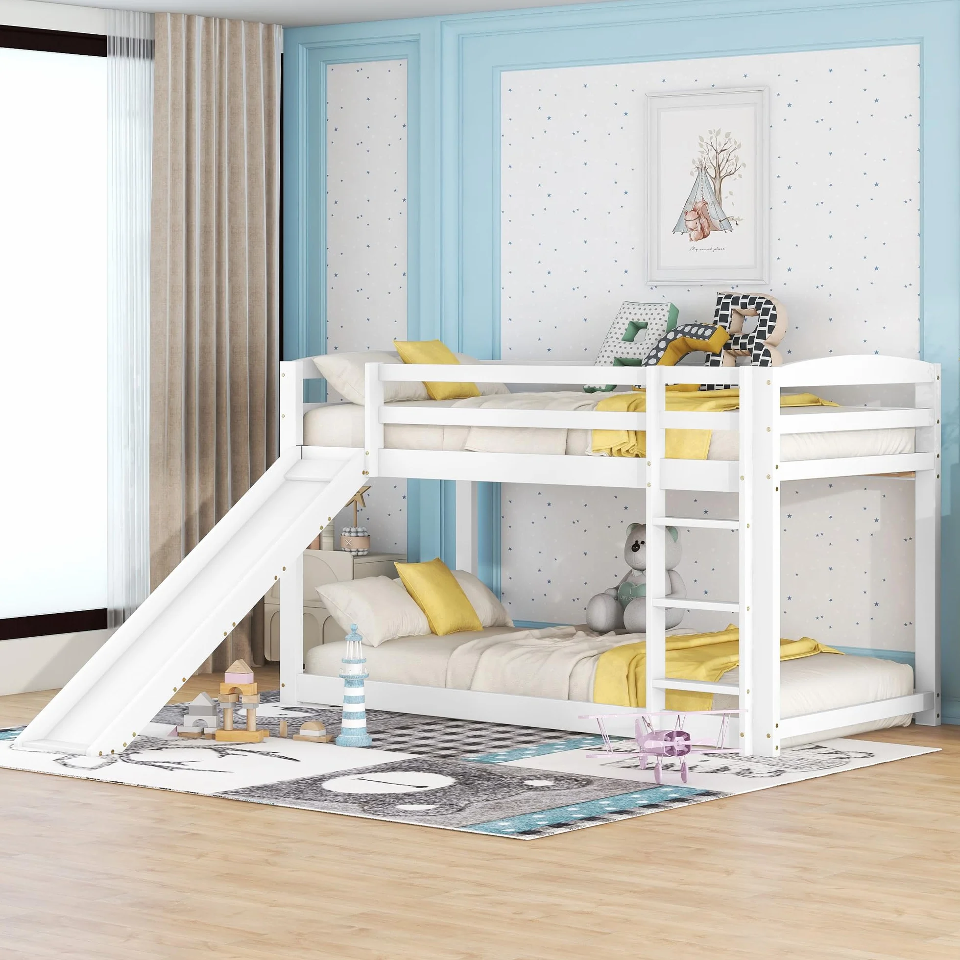 Cama infantil de 90 x 200 cm, litera para jóvenes y adolescentes, cama de madera con tobogán, marco de madera maciza, fácil montaje (blanco)