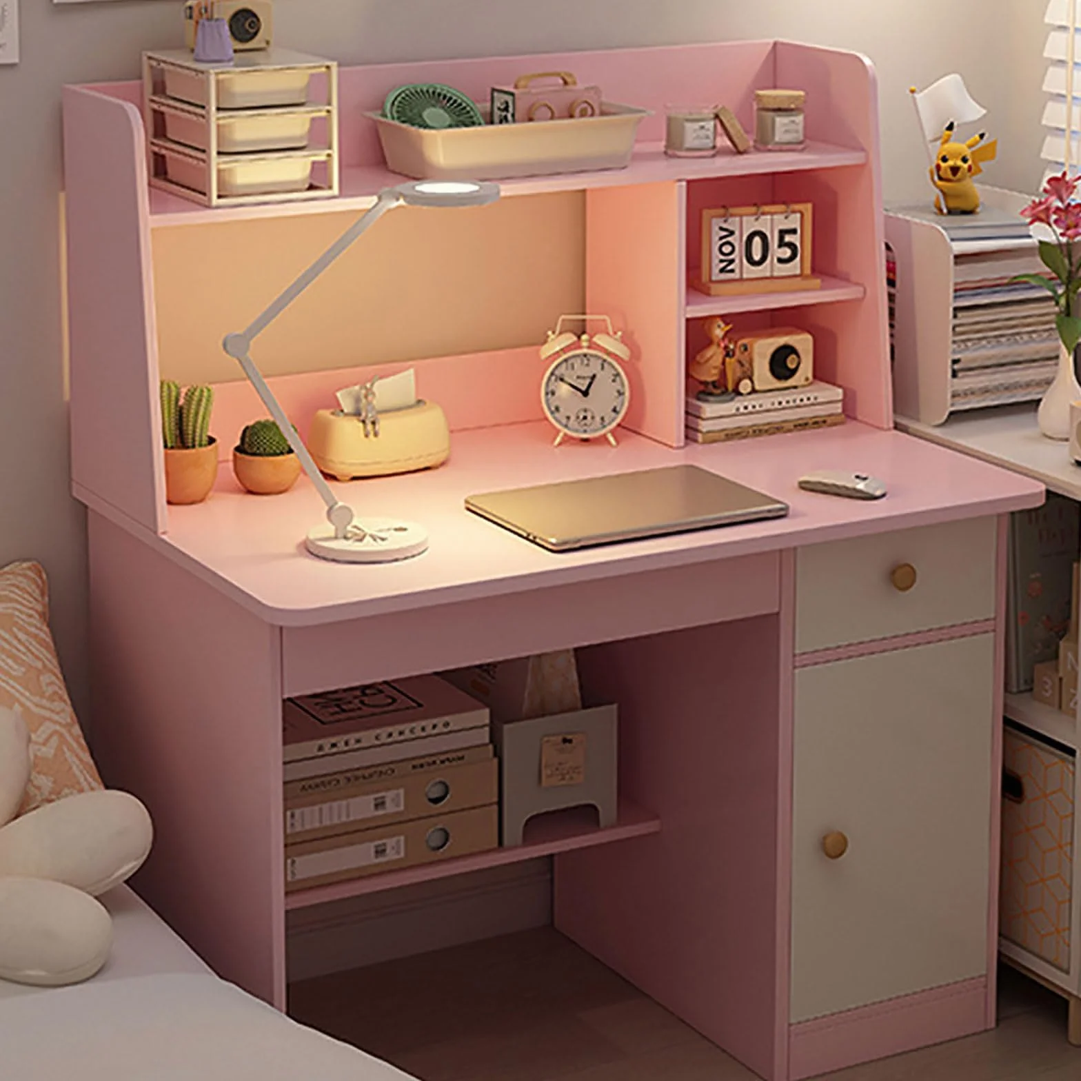 Escritorio Infantil Rosa con Estantería y Cajón, Mesa de Estudio Compacta con Armario