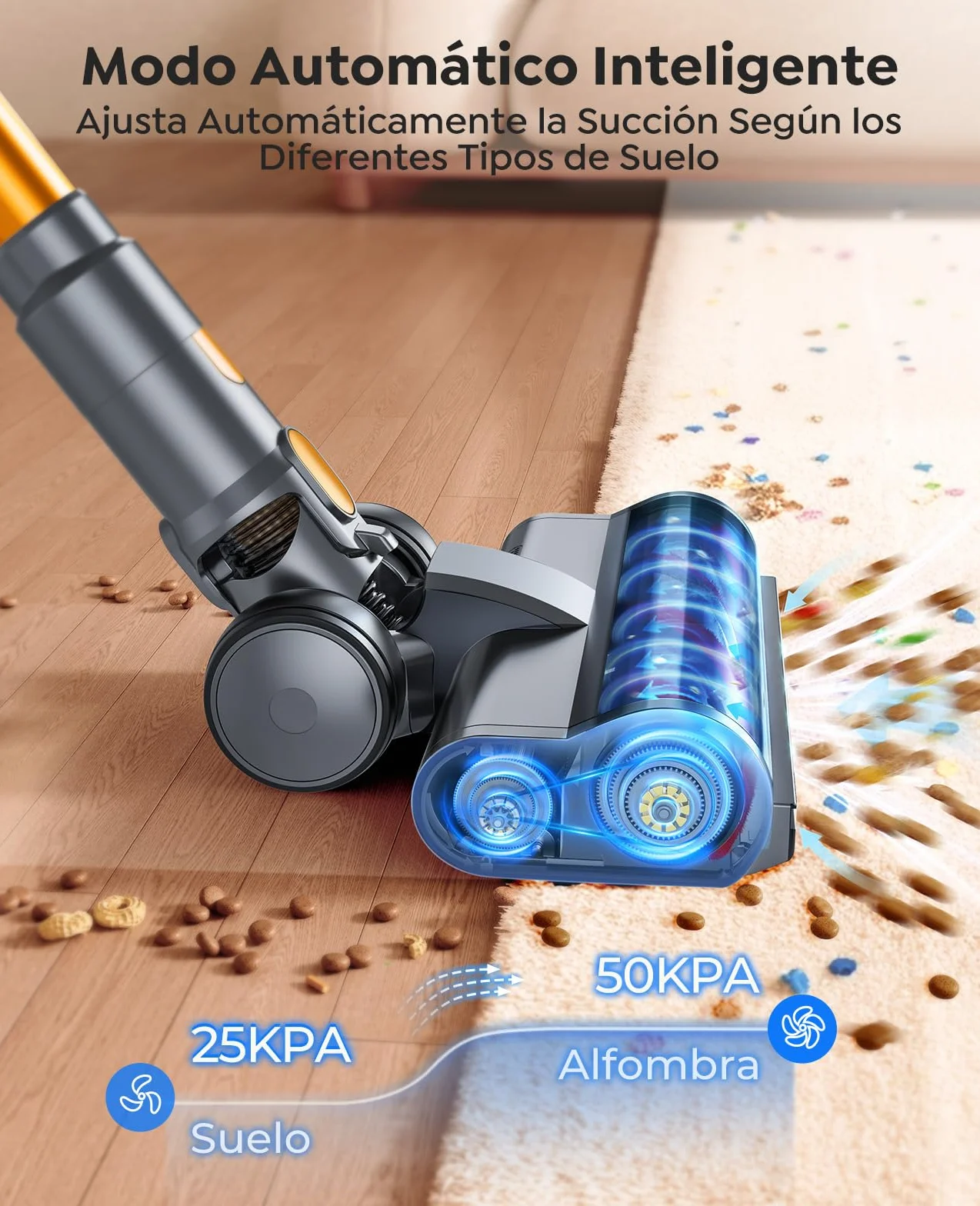 50KPA/600W Aspiradora sin Cable Potente, 65Min(ECO) Aspirador Escoba Vertical con Modo Automático, Cepillo Anti-Enredo, Manguera de 1M y Luz LED, Ideal para Pelo de Mascotas, Alfombras y Coche