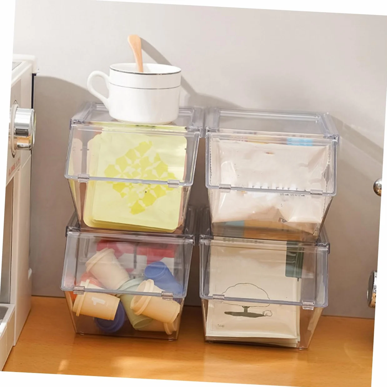 Organizador Acrílico de Sobremesa para Bolsitas de Té 4 Piezas | Set de Cuatro Unidades, Superficie Lisa, Decoración para Encimera, Estilo Simple y Aspecto Generoso