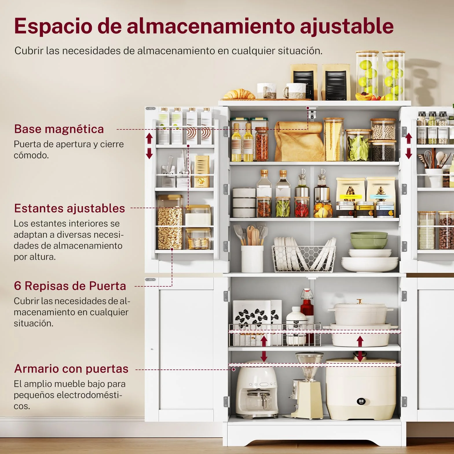 TEENFON Alacena de Cocina Alta y Despensa, Armario de 4 Puertas con 6 Estantes y 2 Compartimentos en la Puerta, Aparador y Mueble de Almacenaje Multiusos para Cocina, Salón, Comedor, 130 cm, Blanco