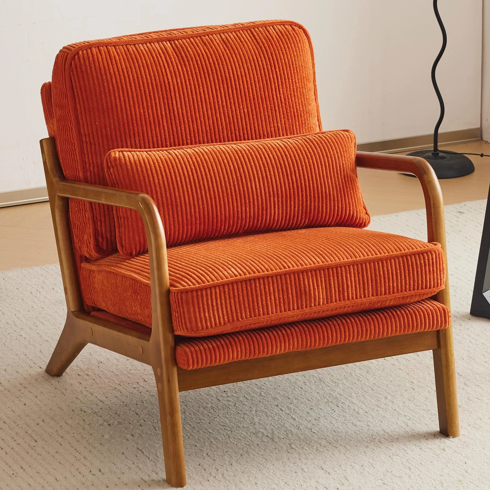 Bonnlo Sillón Butaca Individual de Salón, Estilo Nórdico Retro, Tapizado de Pana Acanalada Suave, Estructura de Madera Maciza, Cojín Incluido, 65×80×78 cm, Carga Máxima 150 kg (Naranja)
