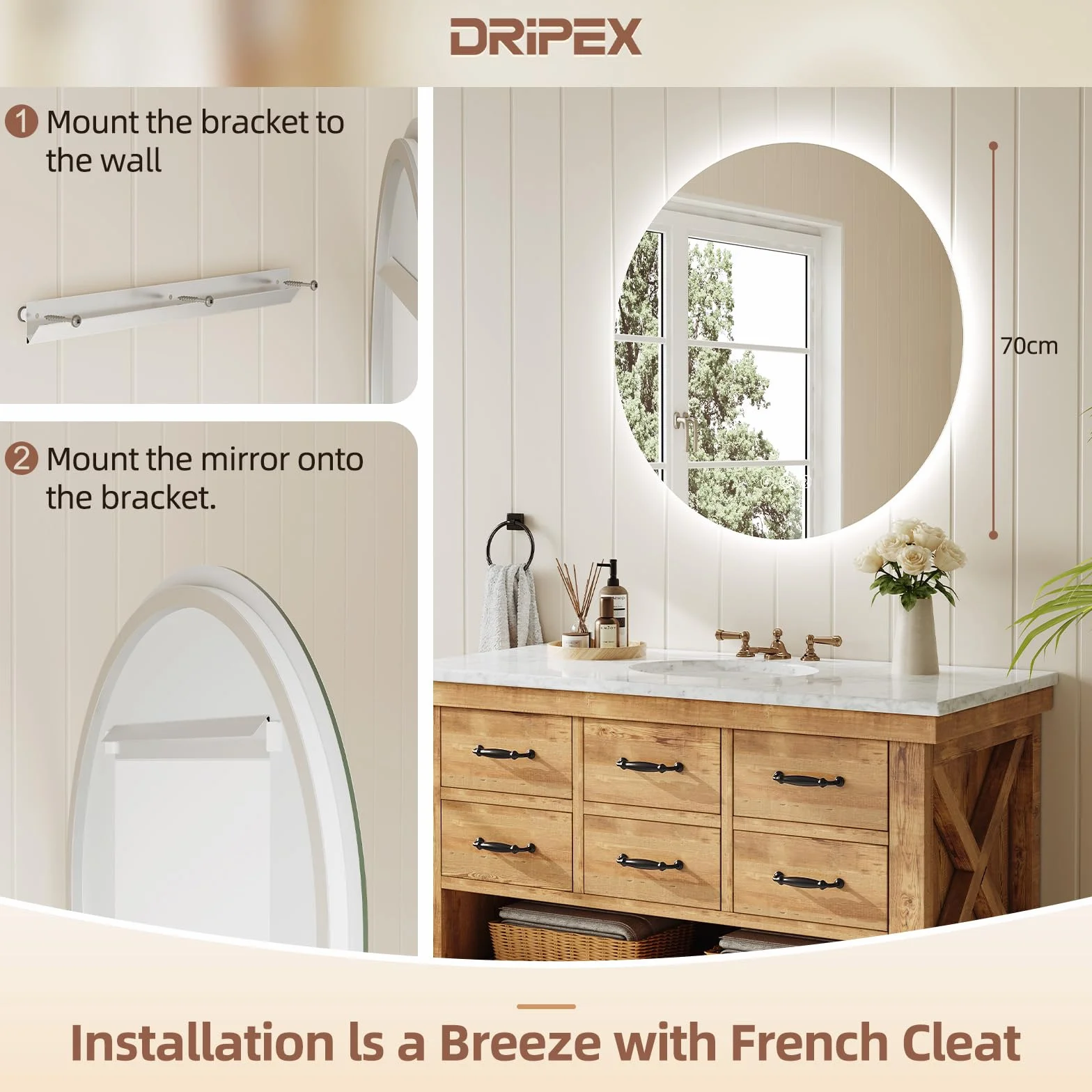 Dripex Espejo Baño con Luz LED, Redondo 70cm Baño Iluminado con 3 Colores de Luz Regulable, Función Antivaho, Vidrio HD con Protección Antiexplosiva, Interruptor táctil,IP44 Impermeable