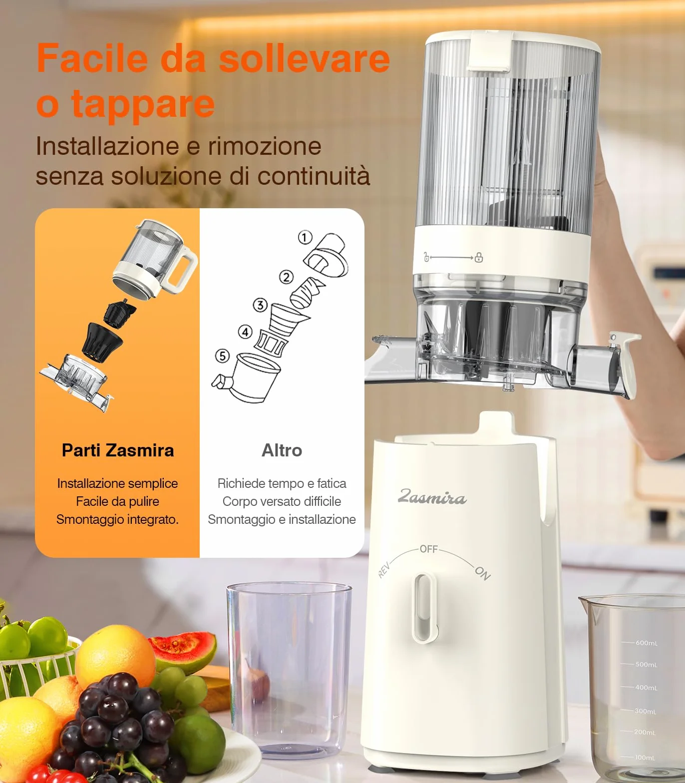 Zasmira Exprimidor Lento con Canal de Alimentación 120 mm, 99.6% Pureza del Jugo, Licuadora de Zumos y Batidos