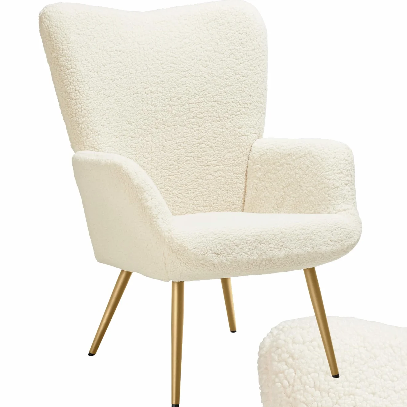tectake® Sillón Orejero Estilo Escandinavo, Butaca de Salón con Tapizado en Tejido Bouclé, Sillón Lectura con Respaldo Ergonómico, Ideal Mueble de Salón, Topes en Patas, hasta 150kg - Crema/Dorado