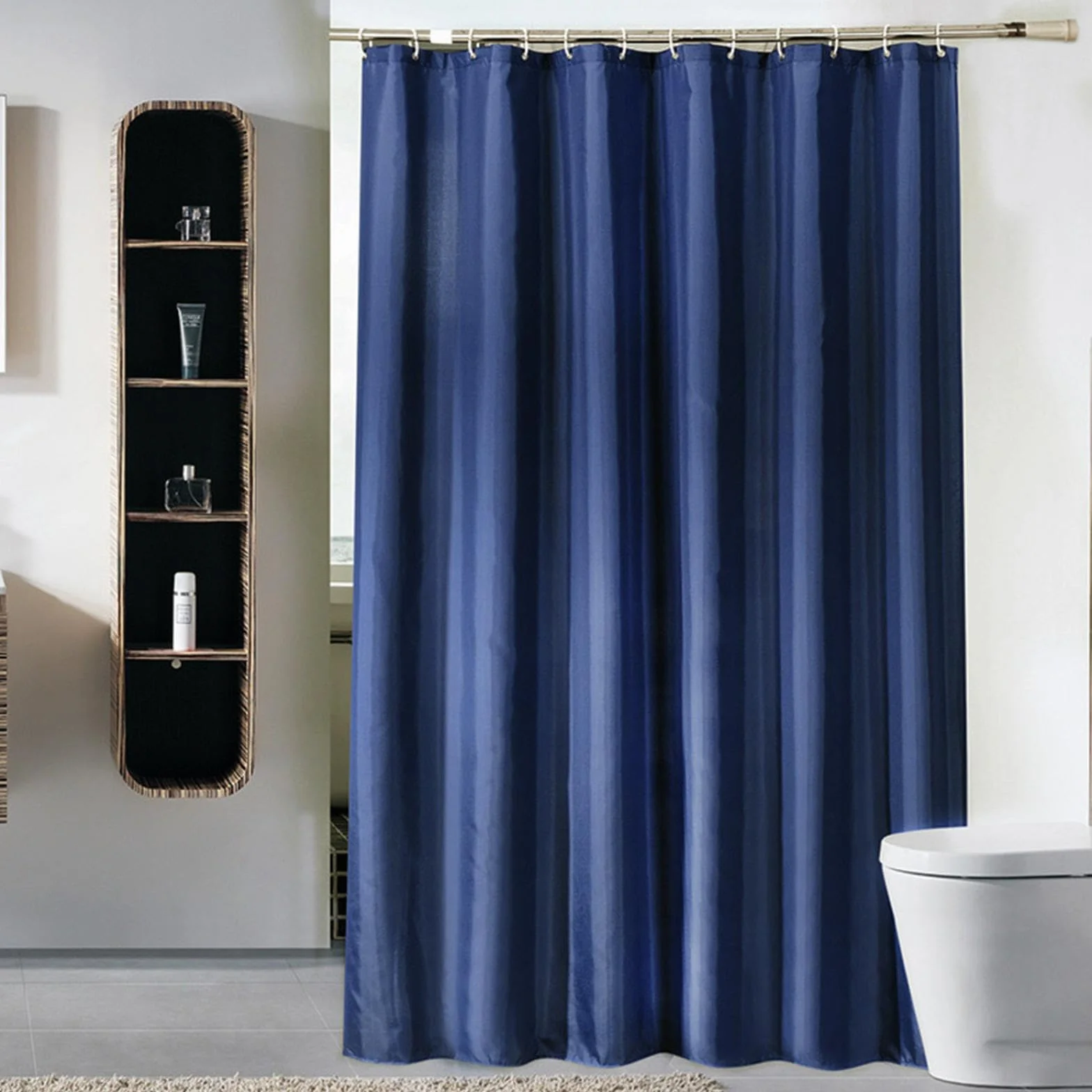 Cortina de ducha, poliéster, impermeable, resistente al moho, extralarga y duradera, lavable, con 12 ganchos de plástico blanco, azul, 150 x 210 cm, ideal para zonas húmedas