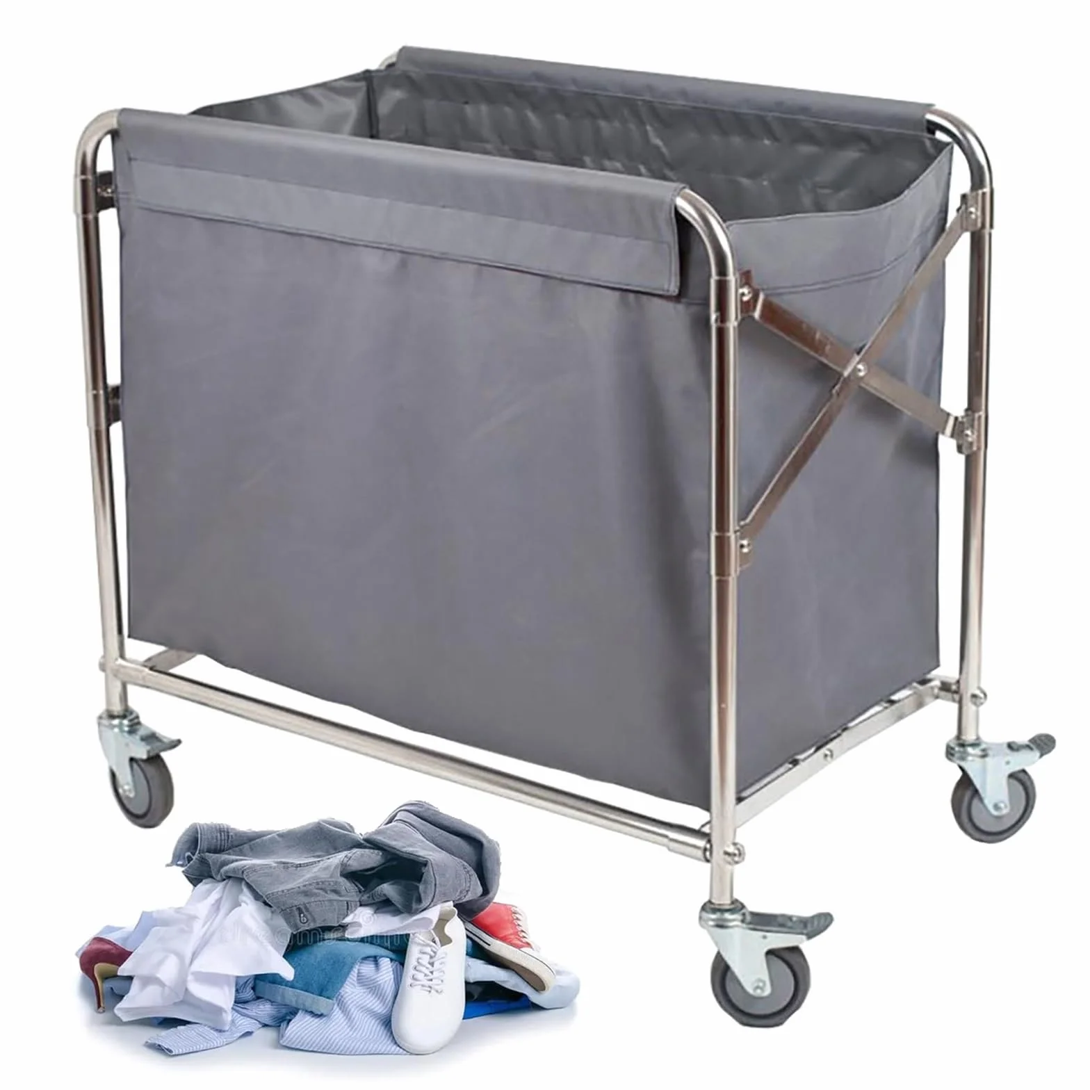 Carro Clasificador de Ropa Plegable, Cesto de Lavandería Comercial para Hotel con Estructura de Acero y Bolsas Extraíbles, Capacidad Total 280 L, Capacidad de Carga 200 Kg/440 Lb(Gray,60x90x88cm)