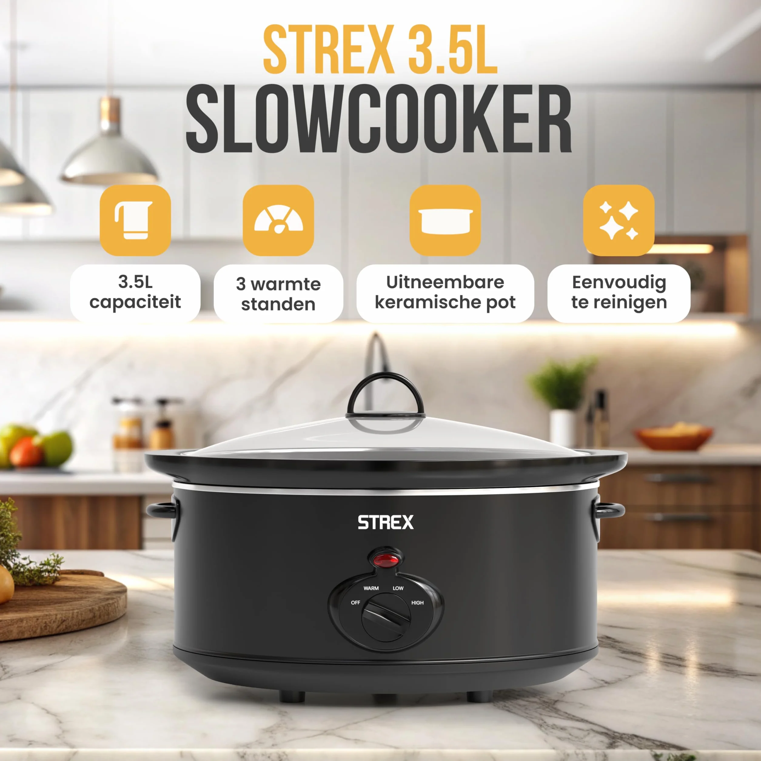 Strex Olla de cocción lenta 3.5L con sartén interior de cerámica extraíble y función mantener caliente
