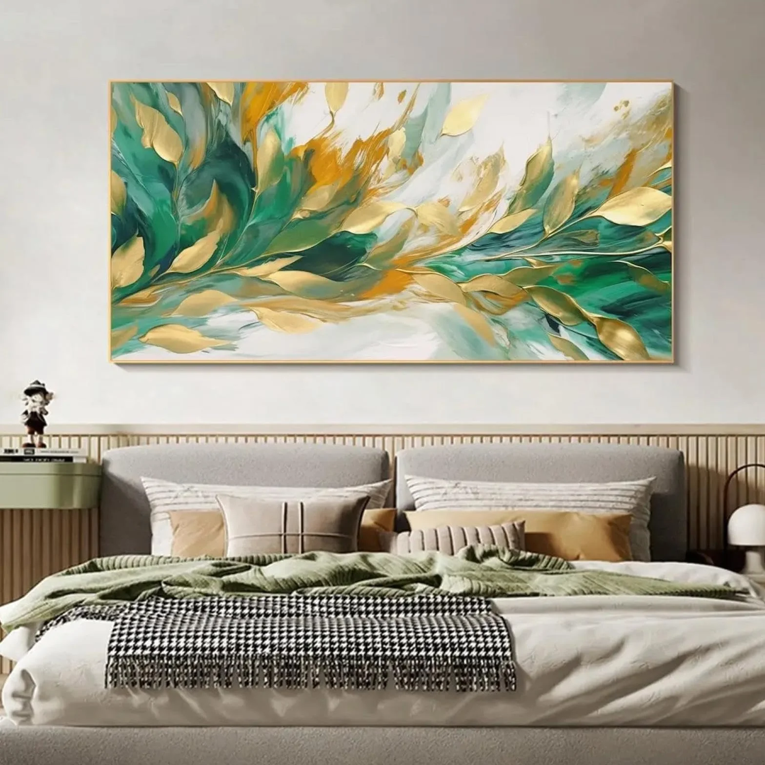 Cuadro abstracto de hojas modernas grandes sobre lienzo, decoración artística dorada, planta verde, pintado a mano, arte de pared para sala de estar, 70 x 140 cm (28 x 55 pulgadas), con marco dorado.
