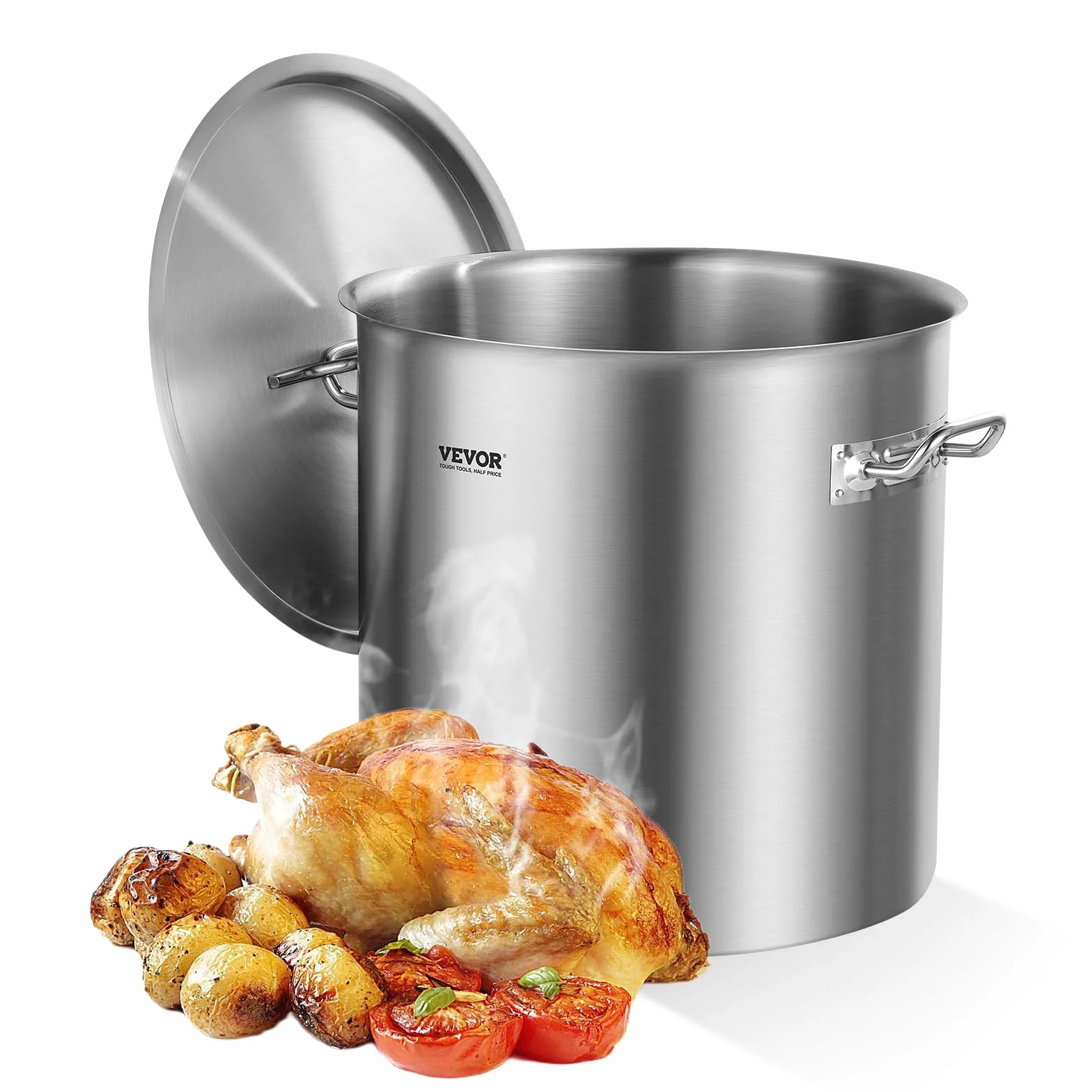 VEVOR Olla Grande de Acero Inoxidable 50,1 L con Tapa y Asa, Comercial Resistente con Tratamiento de Lijado para Eventos de Grupos Grandes, Plateado, 395 x 405 mm