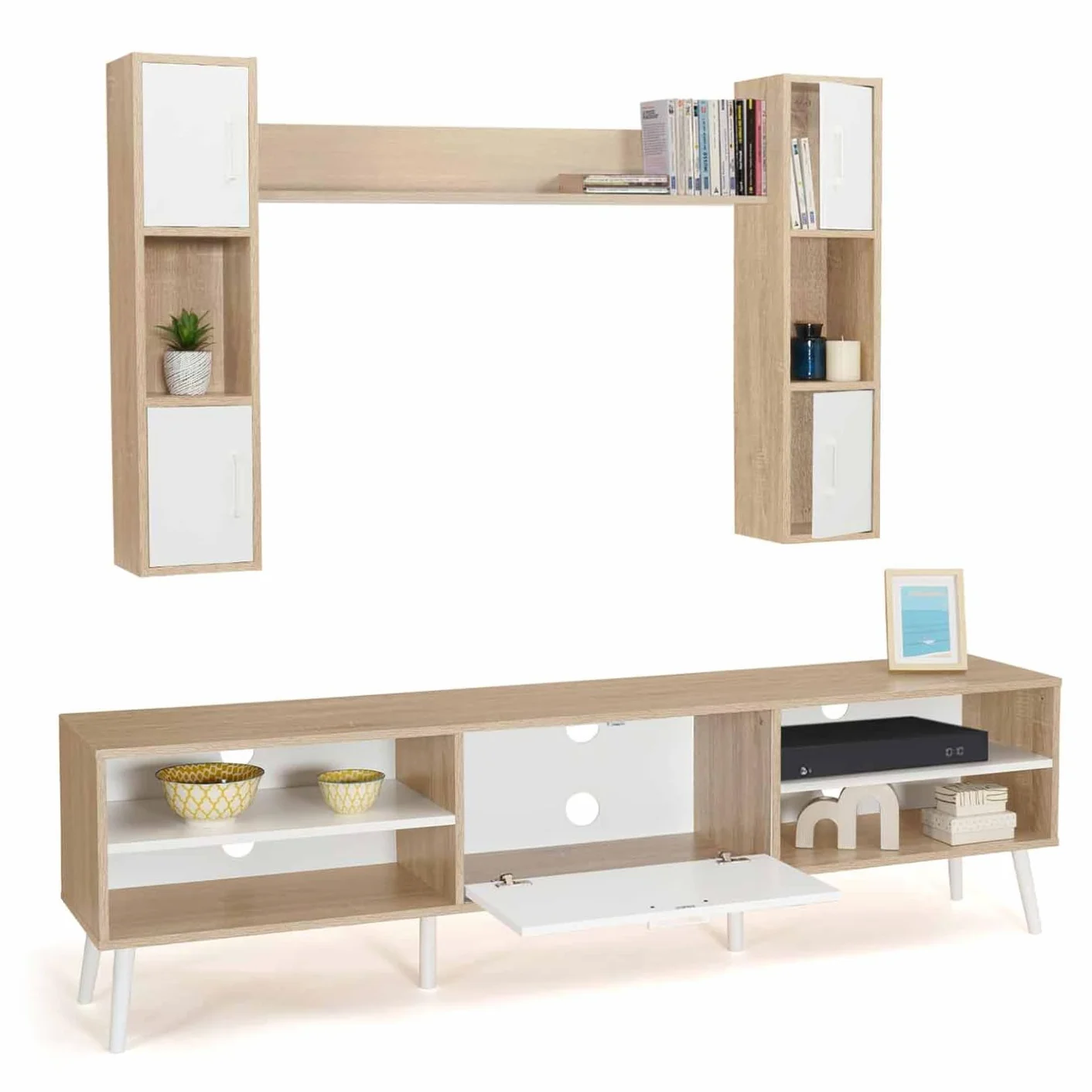 IDMarket - Conjunto de mueble de TV de 180 cm y estantes Houston de madera y blanco