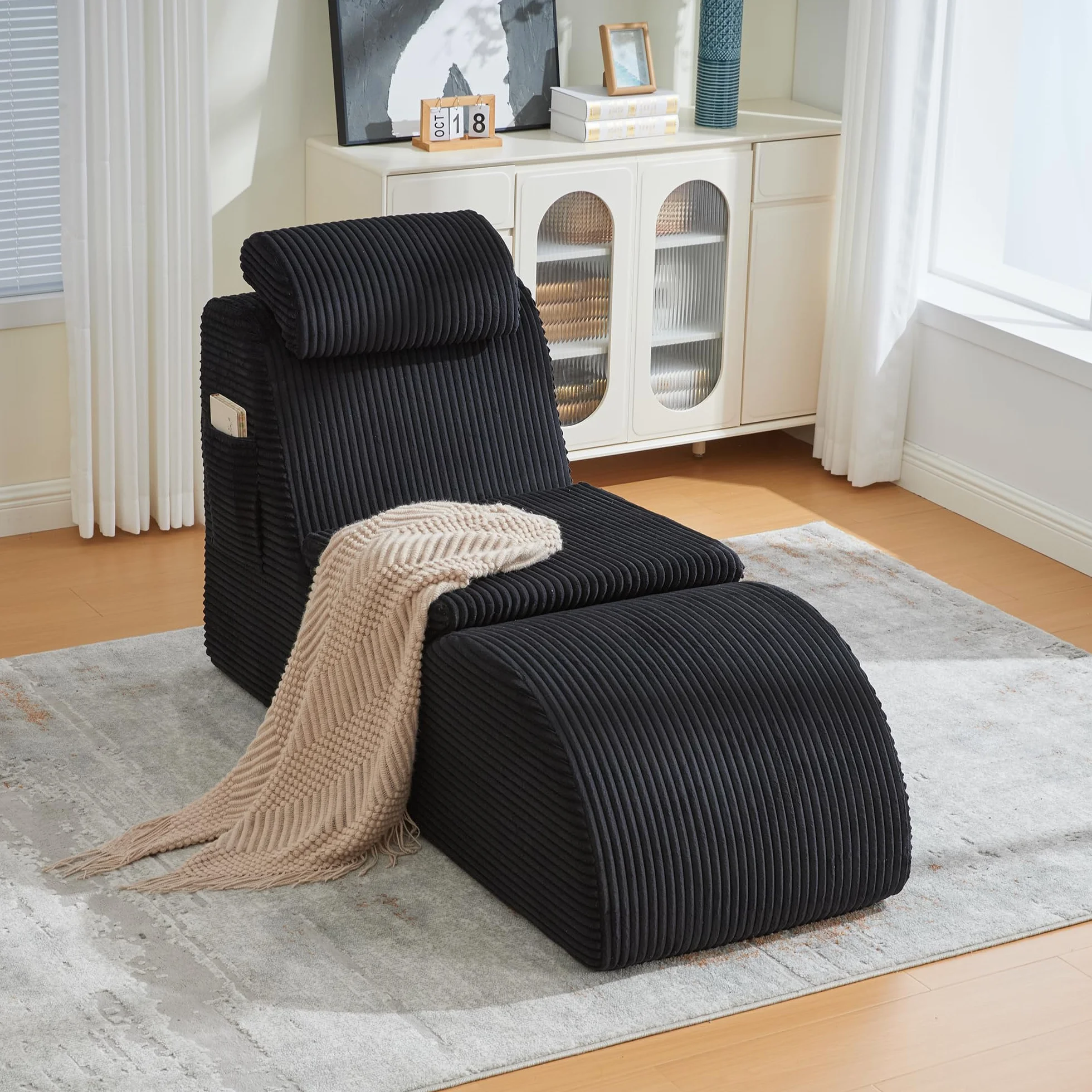 TIZZ Sillón de ocio moderno con forma ergonómica, de espuma de compresión altamente elástica, cojín de asiento extraíble y bolsillo lateral para sentarse cómodamente en el día a día. Negro
