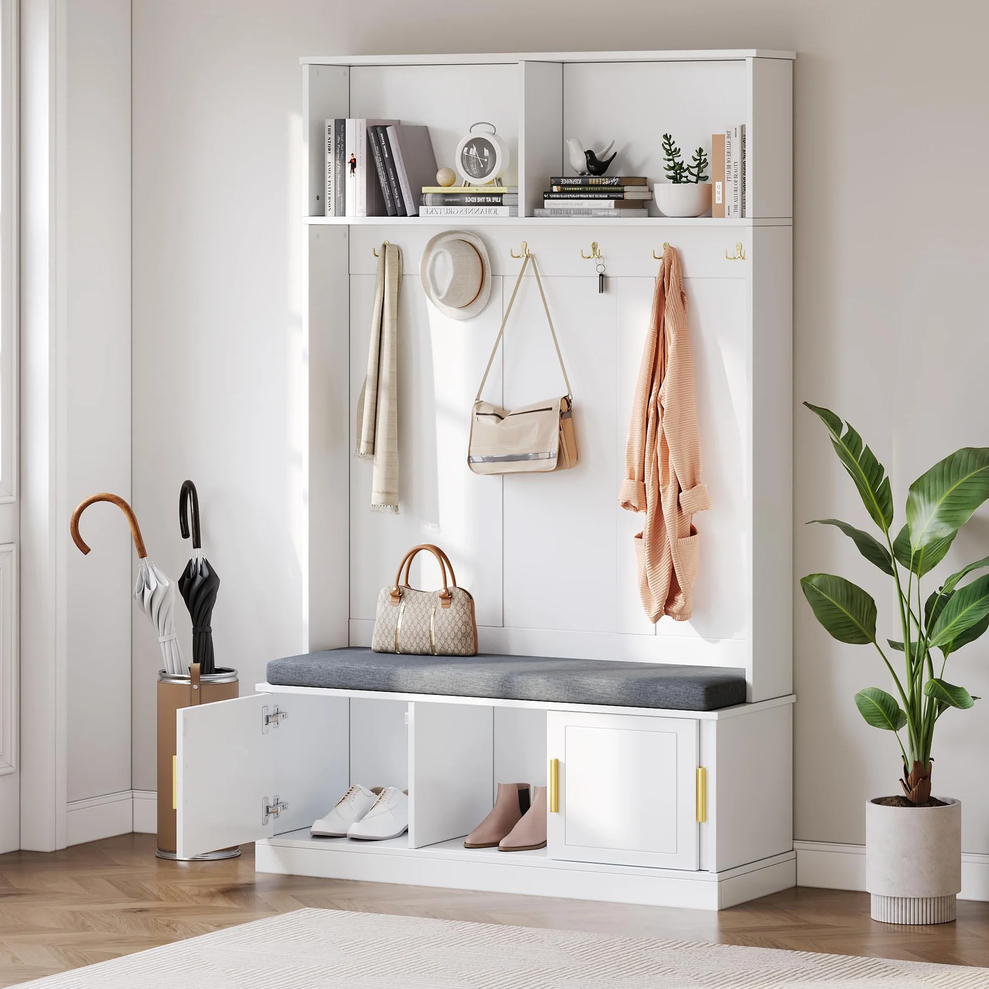 Conjunto de Recibidor de Entrada con 6 Ganchos, Perchero de Pared con Banco Zapatero para Zapatos, Juego de Mueble Recibidor con Espacio de Almacenamiento y Puertas, 191x120x40 cm (Blanco)