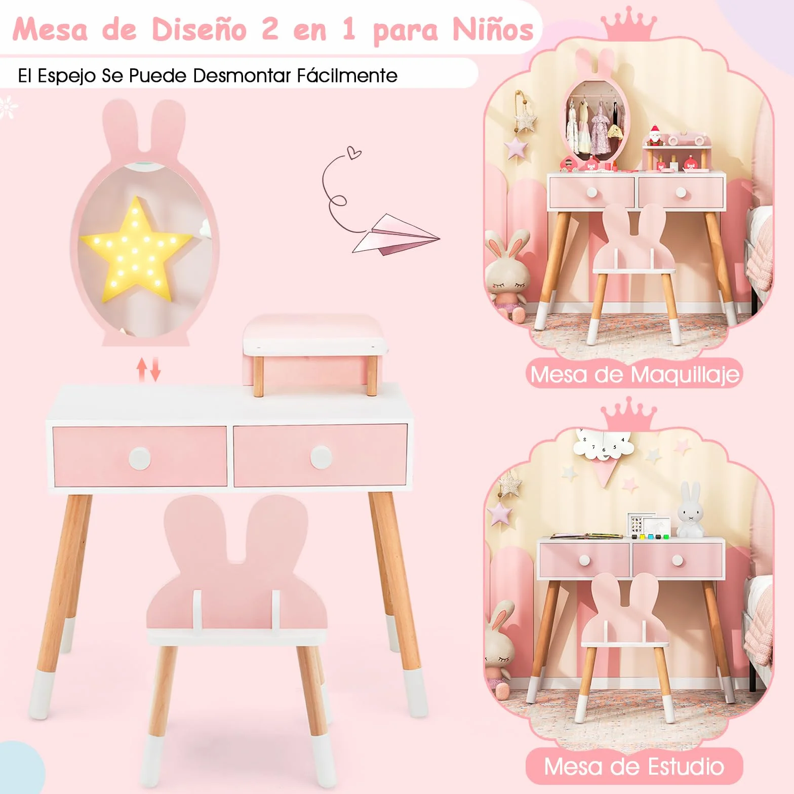 COSTWAY Tocador de Maquillaje Princesa Niña, Juego Mesa y Silla, Escritorio Espejo 2 en 1, 2 Cajones Estante, Patas Madera Maciza Rosa