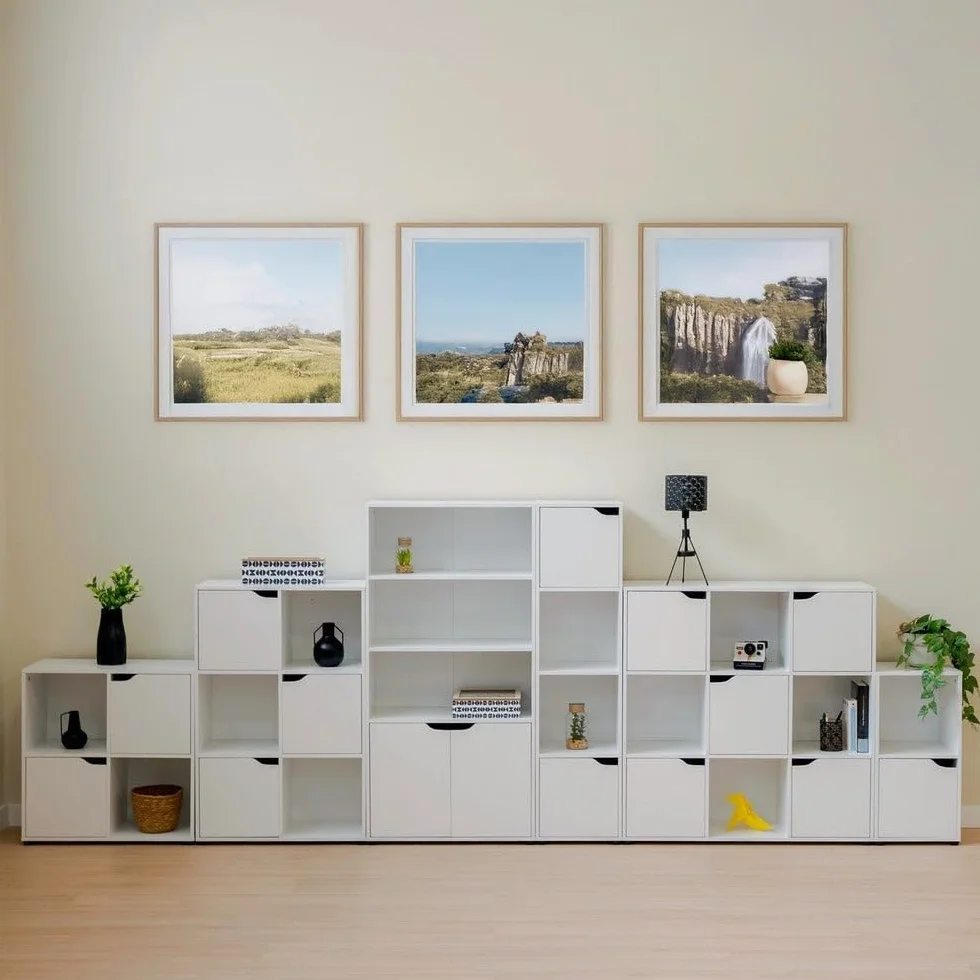 Estantería Cubo con 9 estantes y 5 puertas color blanco de 90x90x29 cm | Mueble de almacenaje compacto de tablero laminado de 12mm con puertas y huecos abiertos para dormitorio, salón o despacho