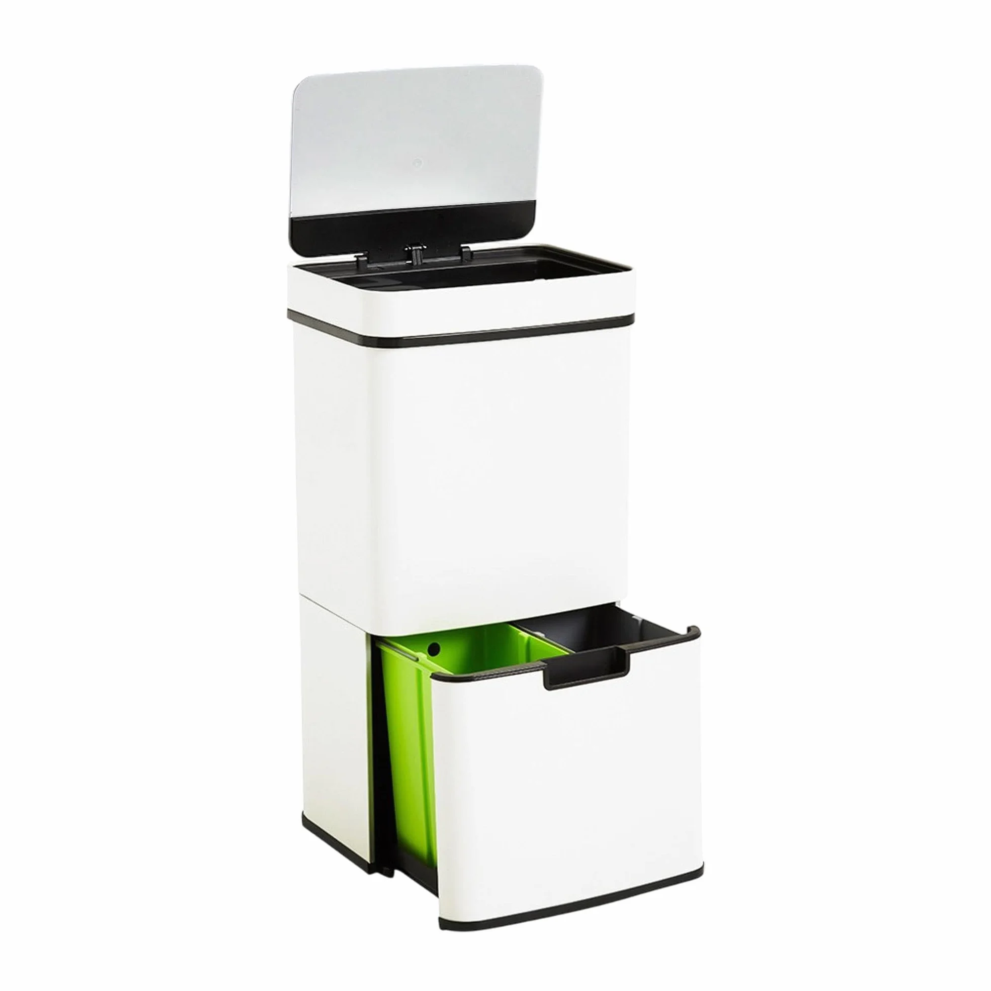 Papelera de reciclaje 62L (37L+25L), cubo de basura con 2 compartimentos, apertura automática con sensor, en acero inoxidable, blanco