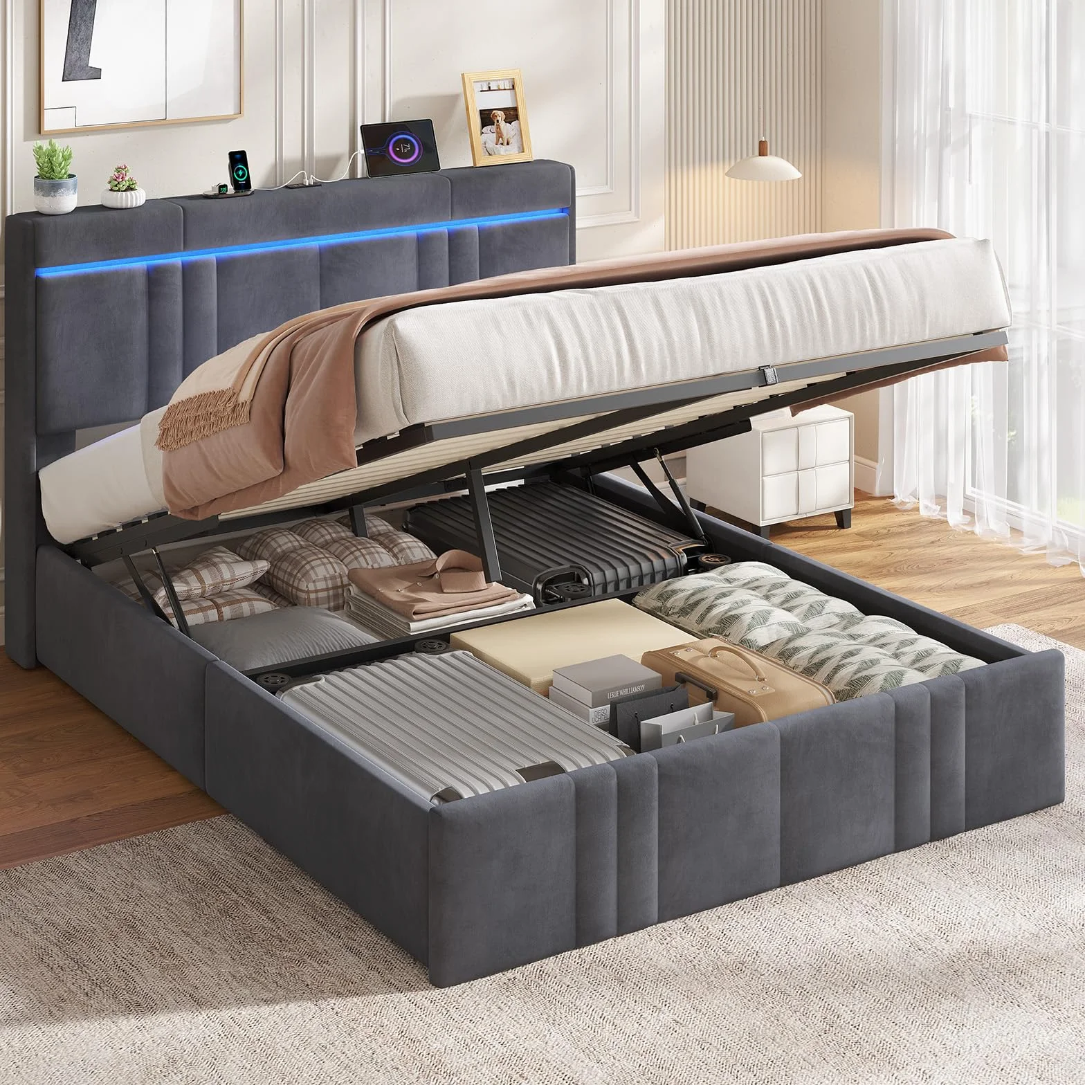 AOGLLATI Camas Matrimoniales 140x190 cm con Almacenamiento Hidráulico, Cama Canape con Luces LED, Somier Estructura de Cama con Estación de Carga, Cama Juvenil Terciopelo Gris Oscuro
