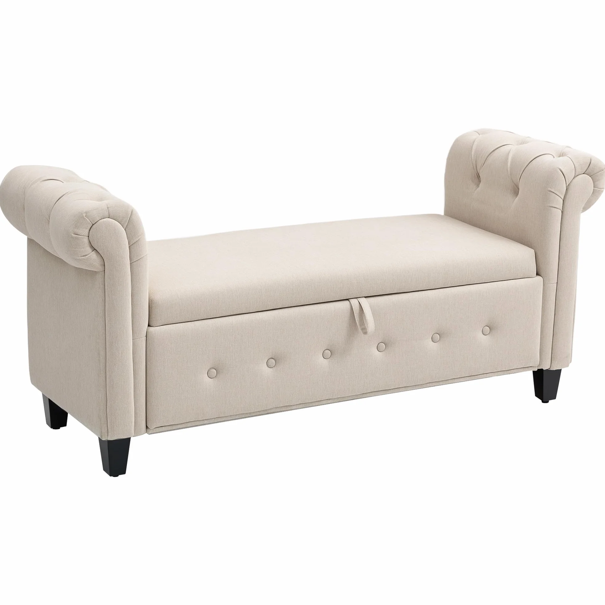 HOMCOM Banco de Almacenamiento Taburete de Almacenaje de Lino con Tapa de Bisagras Patas de Madera y Reposabrazos Enrollados para Dormitorio Salón Pasillo Carga 150 kg 146,5x49x74,5 cm Beige