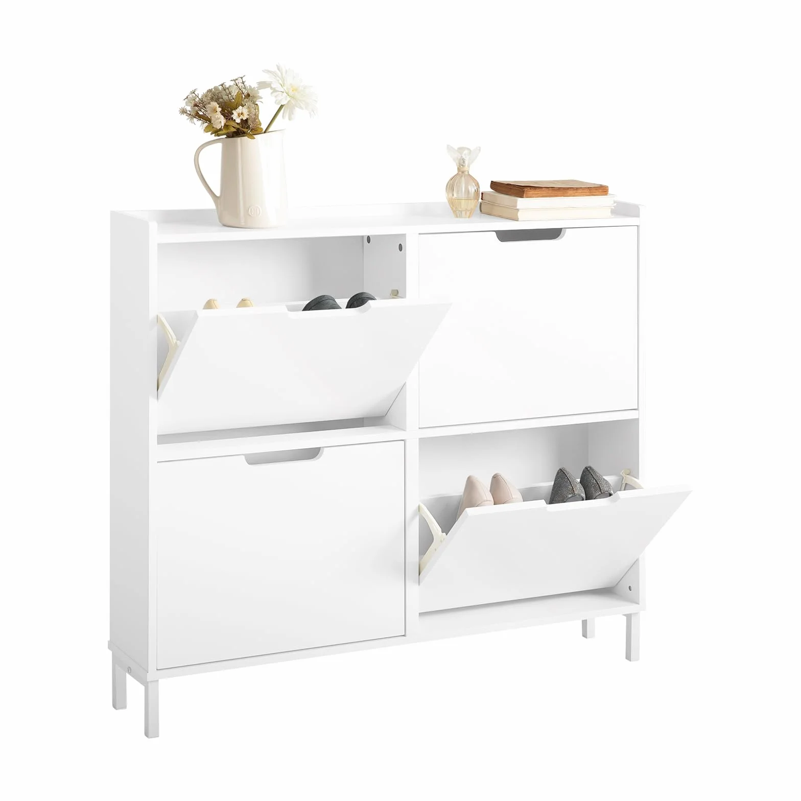 SoBuy Zapatero Estrecho con 4 Solapas – Mueble Zapatero Entrada Recibidor, Armario Zapateros Estrecho de Madera para Pasillo Estrecho y Entrada, 100x19x91 cm, Blanco FSR100-W