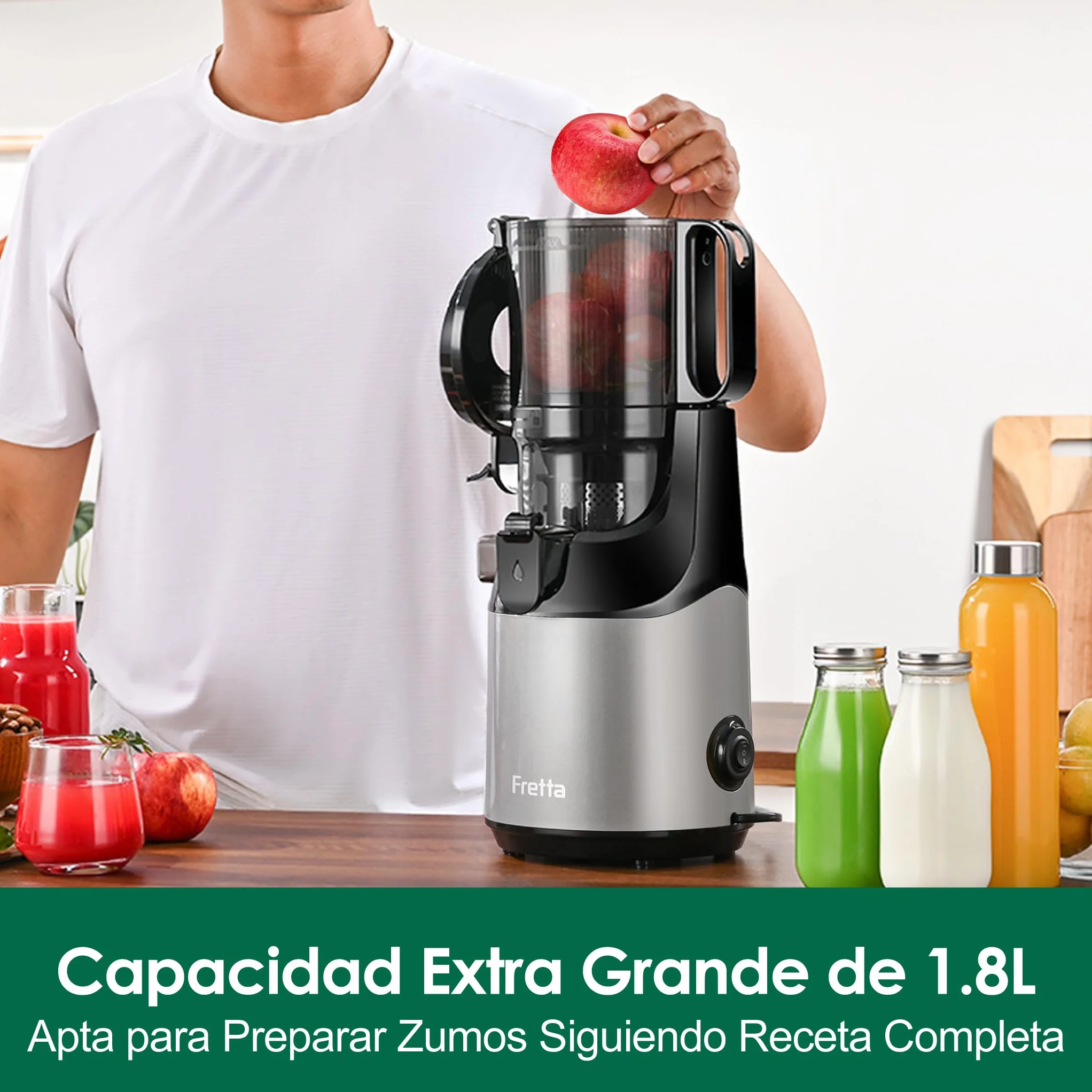 Extractor de Zumos y Verduras Fretta 250 W Apertura 135 MM Capacidad 1,8 L Licuadora Prensa Fría Sin BPA Incluye 2 Vasos