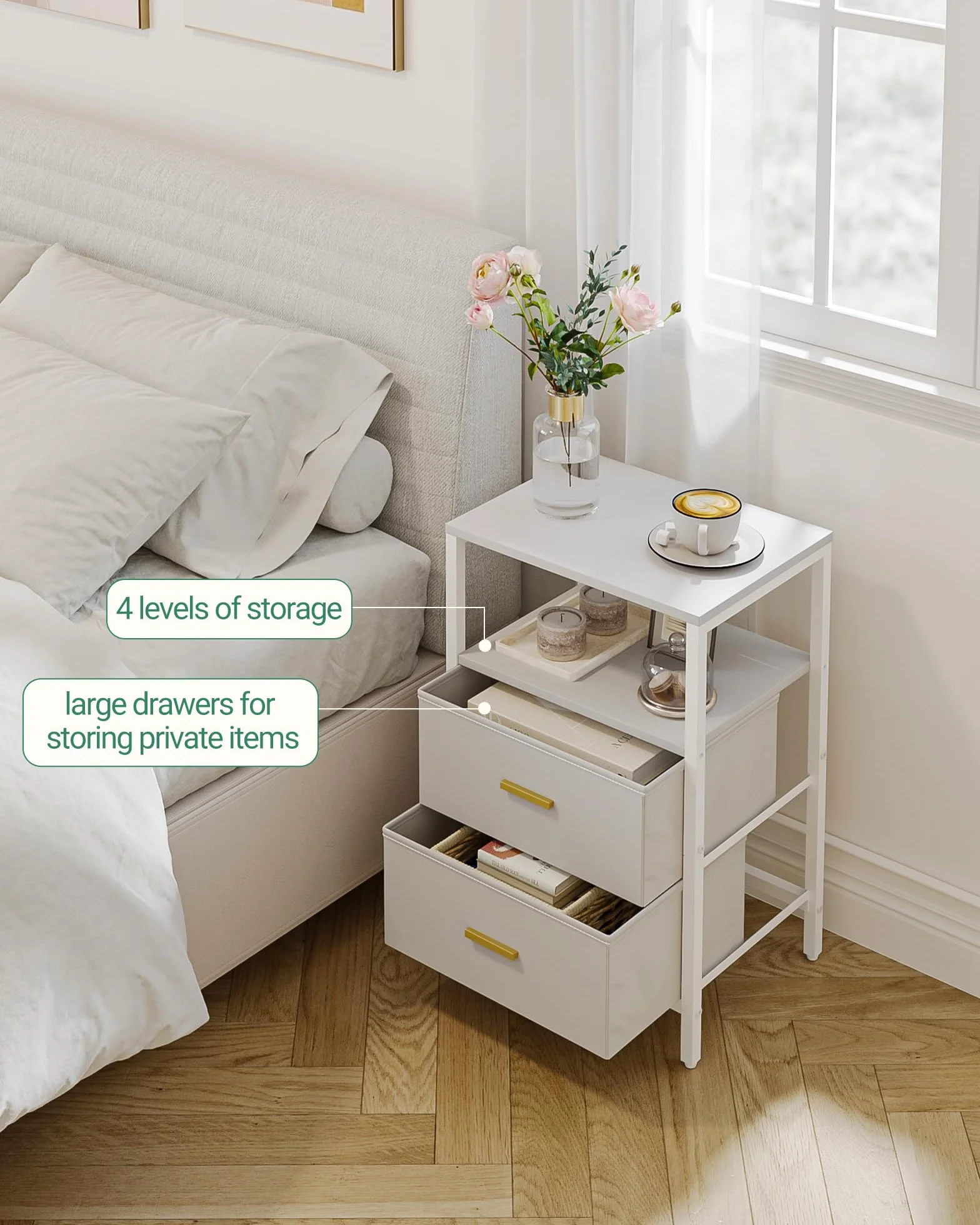 Hzuaneri Mesita de Noche Juego de 2, Mesa Auxiliar con 2 cajones de Tela Plegables, Compartimento Abierto, Mesita de café, Mesita de Noche Dormitorio, para salón, Dormitorio, Blanco NS30713W