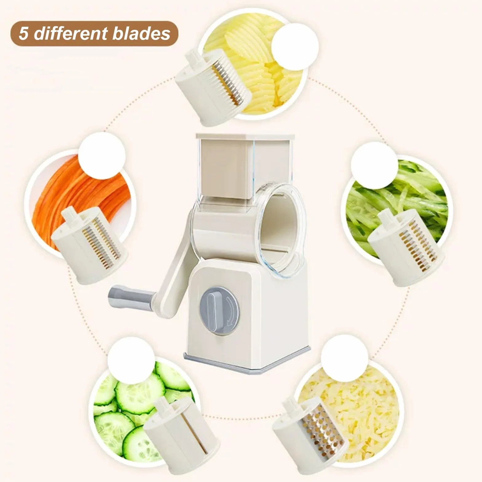 Mandolina de Cocina, Cortador Patatas y Verduras Manual, 10 Cuchillas Intercambiables, Salida Rápida de Filamento, Fácil Limpiar, Compartimento Almacenamiento Oculto
