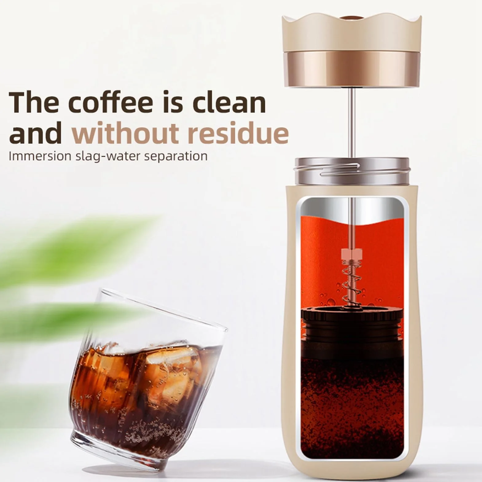 Wakects Taza de Viaje con Prensa Francesa Integrada, 320ml, Doble Pared Aislada, 8 Horas Caliente, Marfil, para Viajar y Acampar