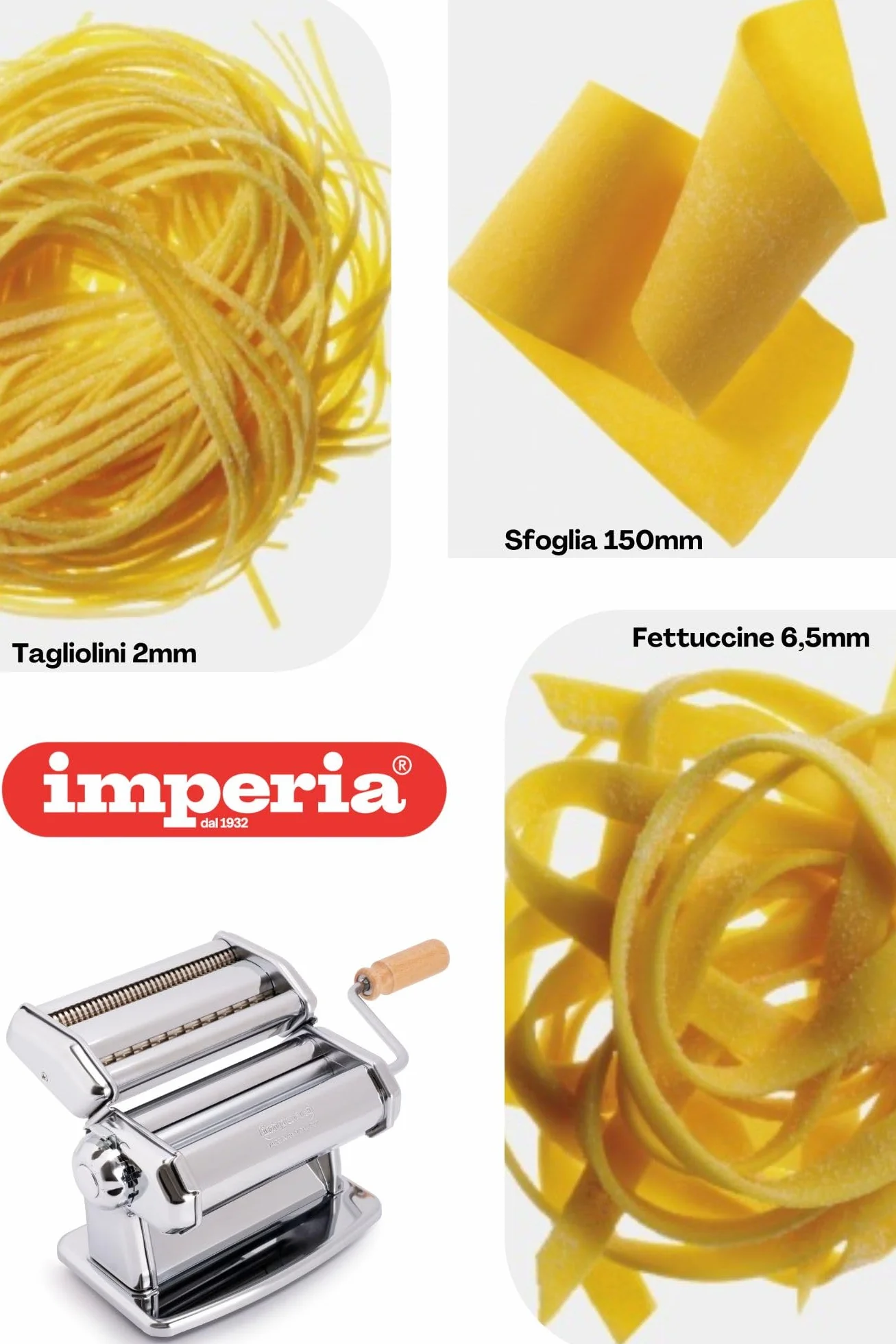 mperia IPASTA Línea Imperia. Máquina para pasta 100% fabricada en Italia. Máquina para pasta fresca de acero. Laminadora manual con manivela para lasaña, tagliolini y fettuccine. Cromada.