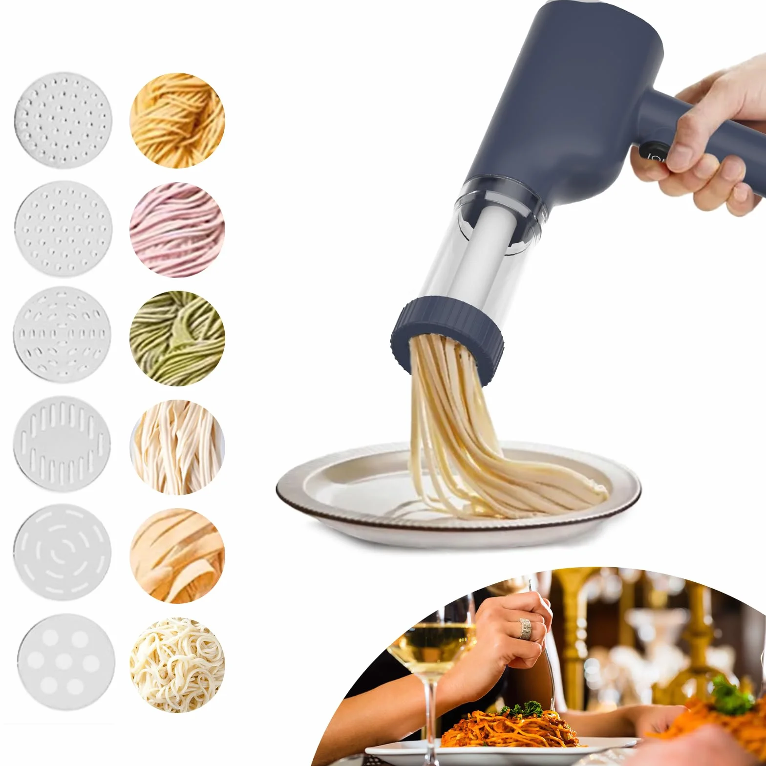 Máquina de Pasta Eléctrica, Máquina de Pasta Portátil de Mano Eléctrica con 6 Modos, Máquina de Pasta Hacer Recargable Eléctrica para El Hogar o Picnic