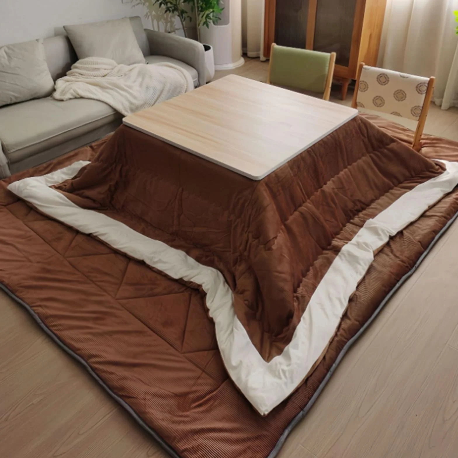 Juego de Mesa Kotatsu Plegable, Mesa de Suelo Japonesa con Calentador eléctrico y Manta, Calentador para pies, para Cuatro Estaciones, marrón, 80 x 80 x 40 cm