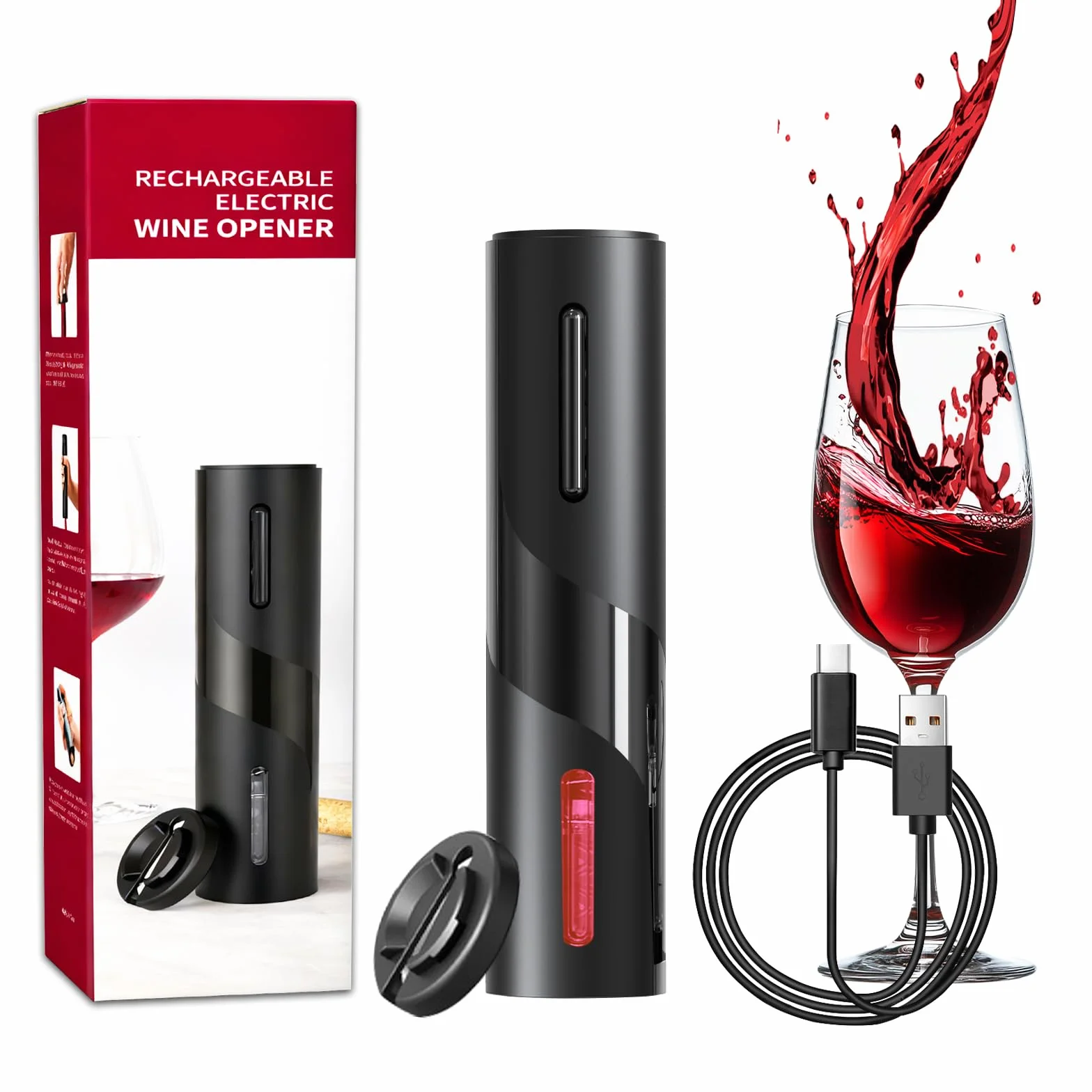 Sacacorchos Eléctrico Recargable con Cortacapsulas, Abridor de Botellas Negro