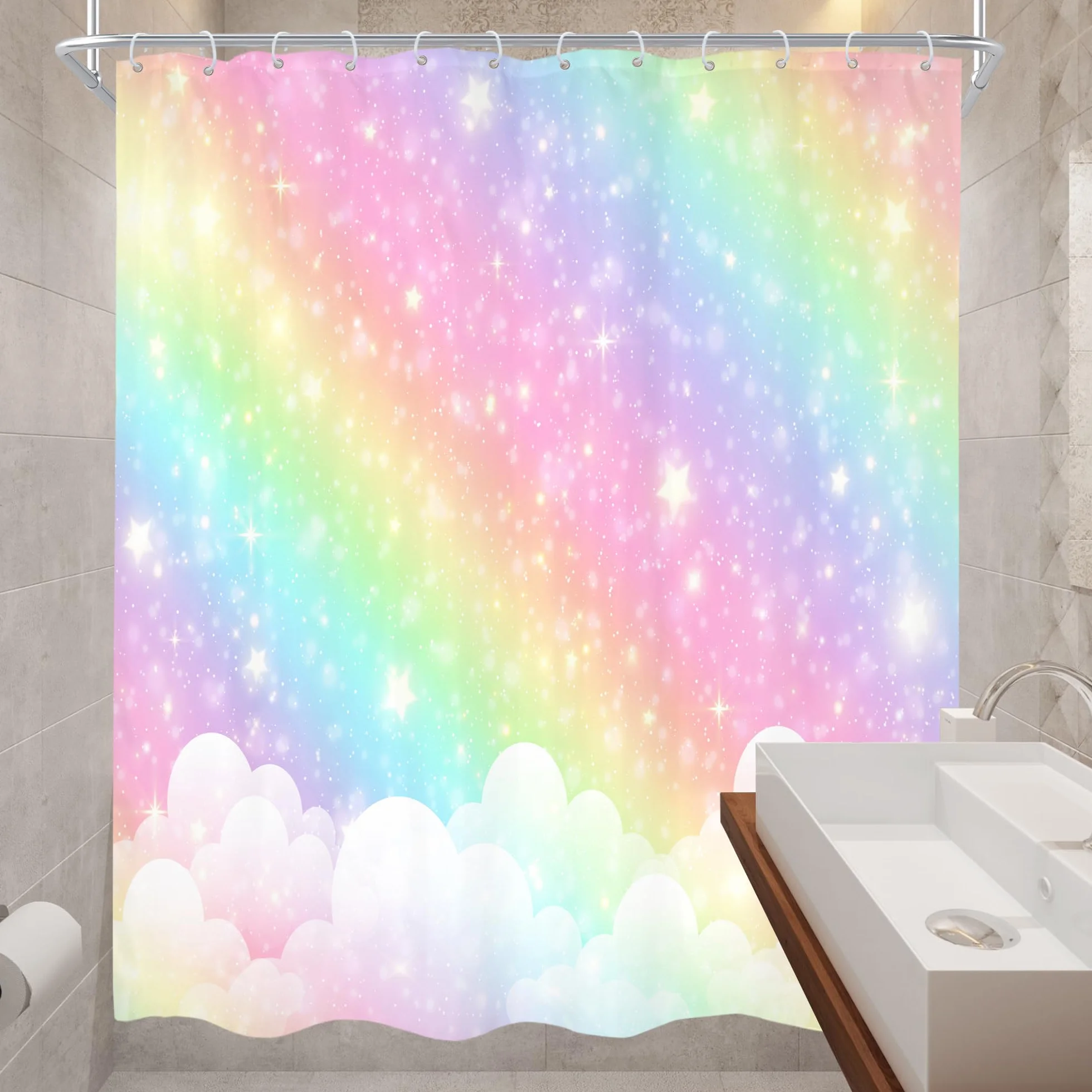 Cortina de ducha infantil arcoíris de 60 pulgadas de ancho x 72 pulgadas de alto, diseño de dibujos animados pastel con nubes y estrellas, juego de cortinas de baño estéticas, de tela,