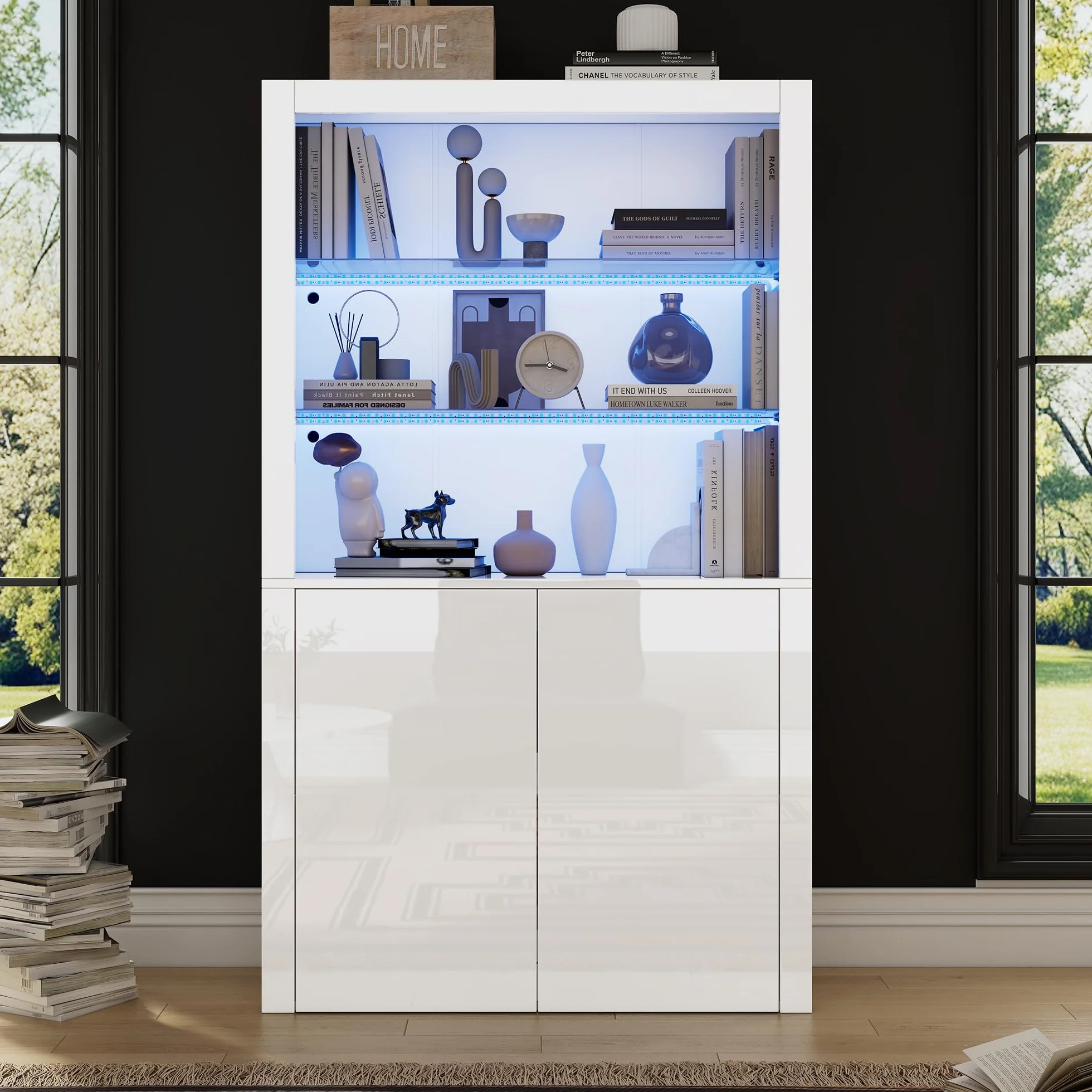 Vitrina Cristal Vitrina Salon con Luces LED y Separadores de Cristal, Vitrina Expositora con 2 Puertas, Armario de Colección Moderno, Armario Alto Multifunción, Vitrinas, 100x35x170 cm, Blanco