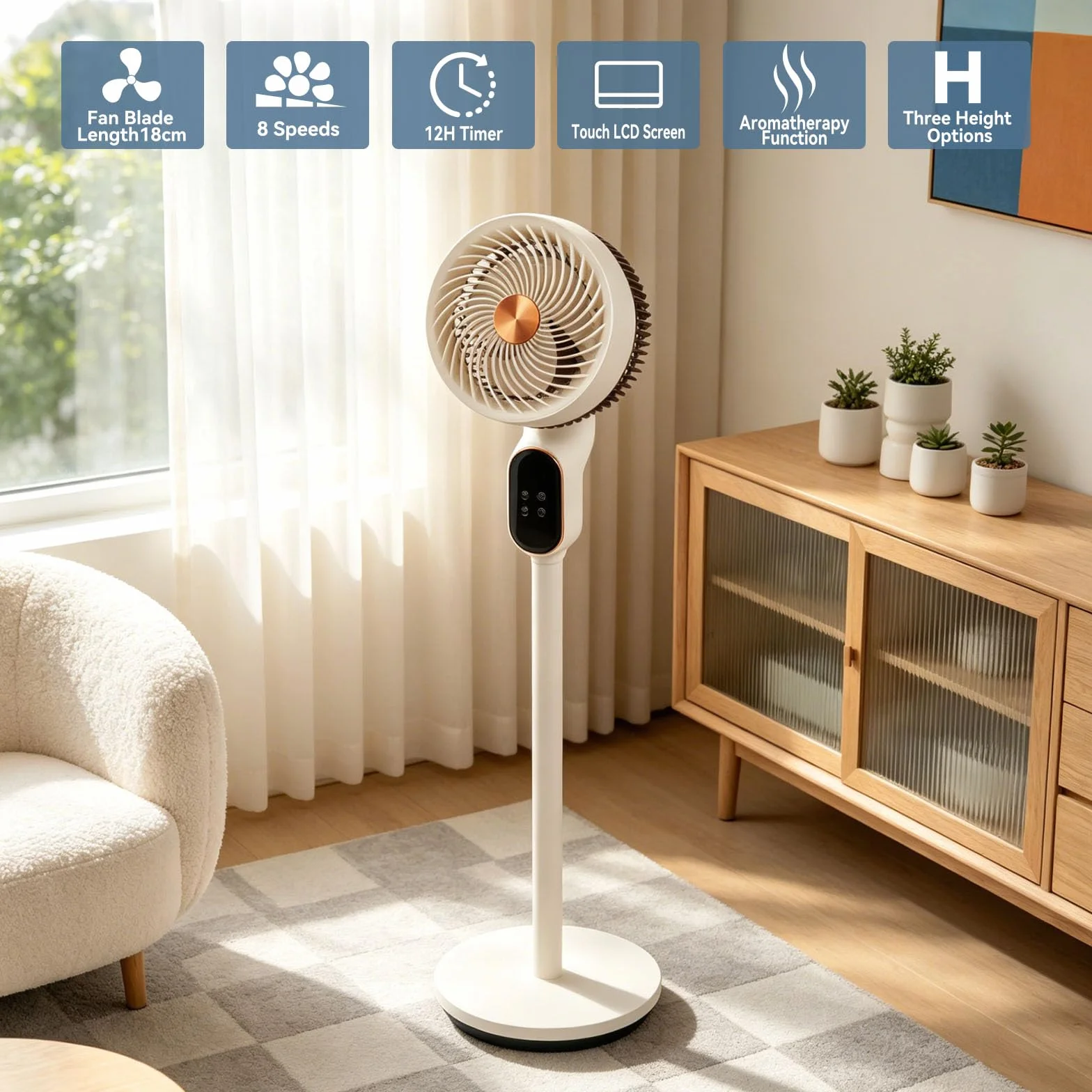 Ventilador de pie silencioso, 50W, 18 cm de aspas, oscilación automática, 8 velocidades, altura regulable , inclinación ajustable, fácil control, temporizador de 12 horas, ideal para dormitorio.