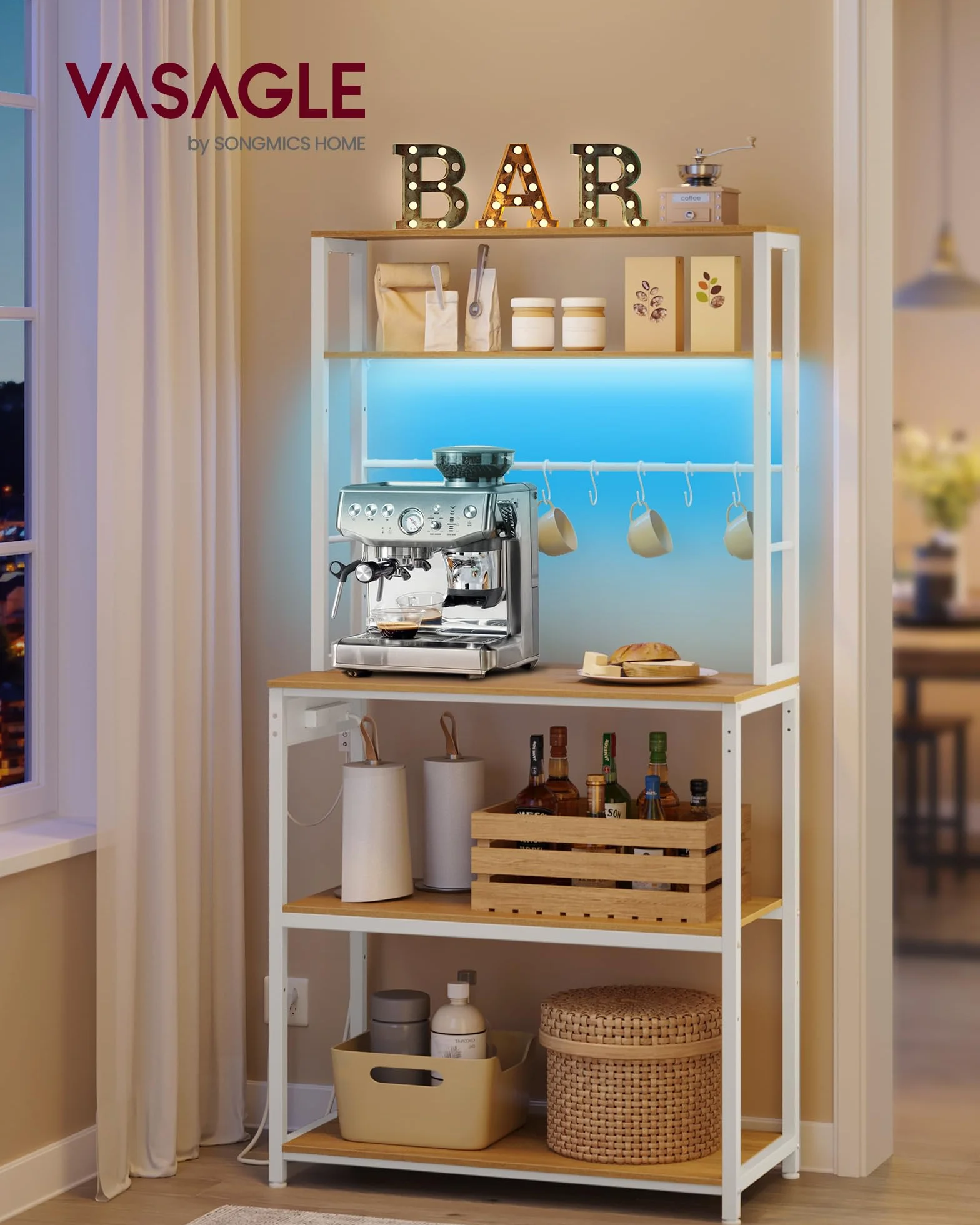 VASAGLE Estantería de Cocina con LED, para Microondas con Regleta, Estantes Ajustables, 8 Ganchos, 40 x 80 x 168,4 cm, Roble Dorado y Blanco Mate KKS050YA01