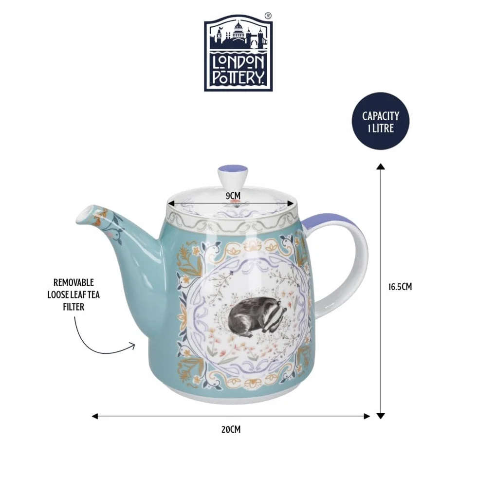 London Pottery Tetera clásica de cerámica con forma de campana, 1 litro, capullo de tejón, infusor de té de acero inoxidable, tetera estilo inglés para té de la tarde