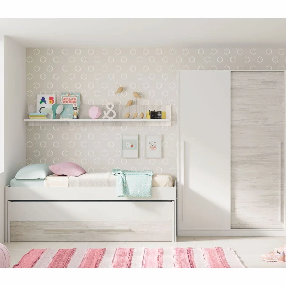 Mobelcenter, Cama Nido Juvenil Elliot 2 Camas 1 Cajón 1 Estante, Cama Doble Juvenil con 2 Camas 1 Cajón, Color Blanco Artik y Blanco Velho, Medidas: Ancho: 199 cm x Fondo: 96 cm x Alto: 65 cm (1383)