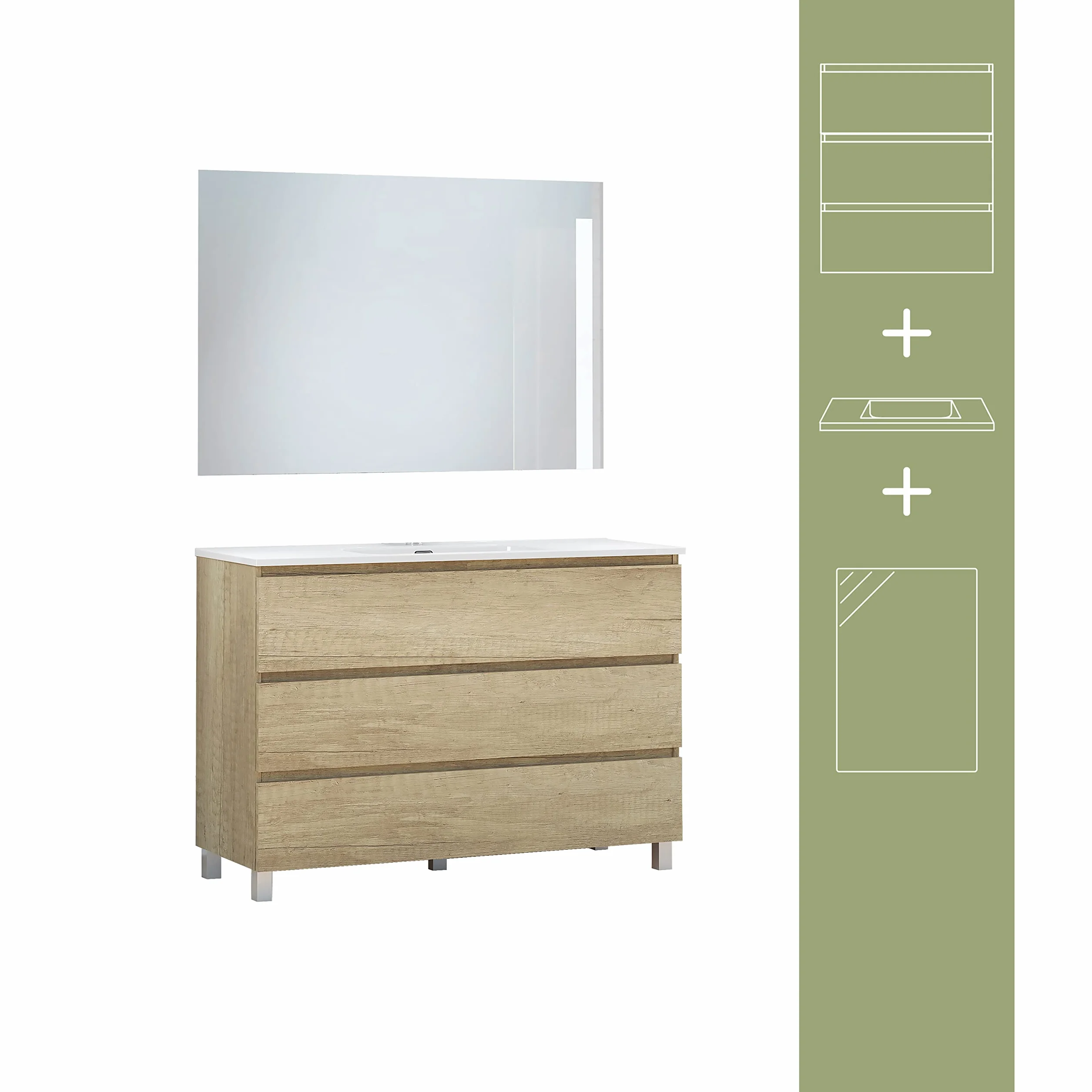 Baikal Conjunto de Mueble de Baño Neo con Espejo Luna Lisa, 3 Cajones, Melamina 16mm, Montado